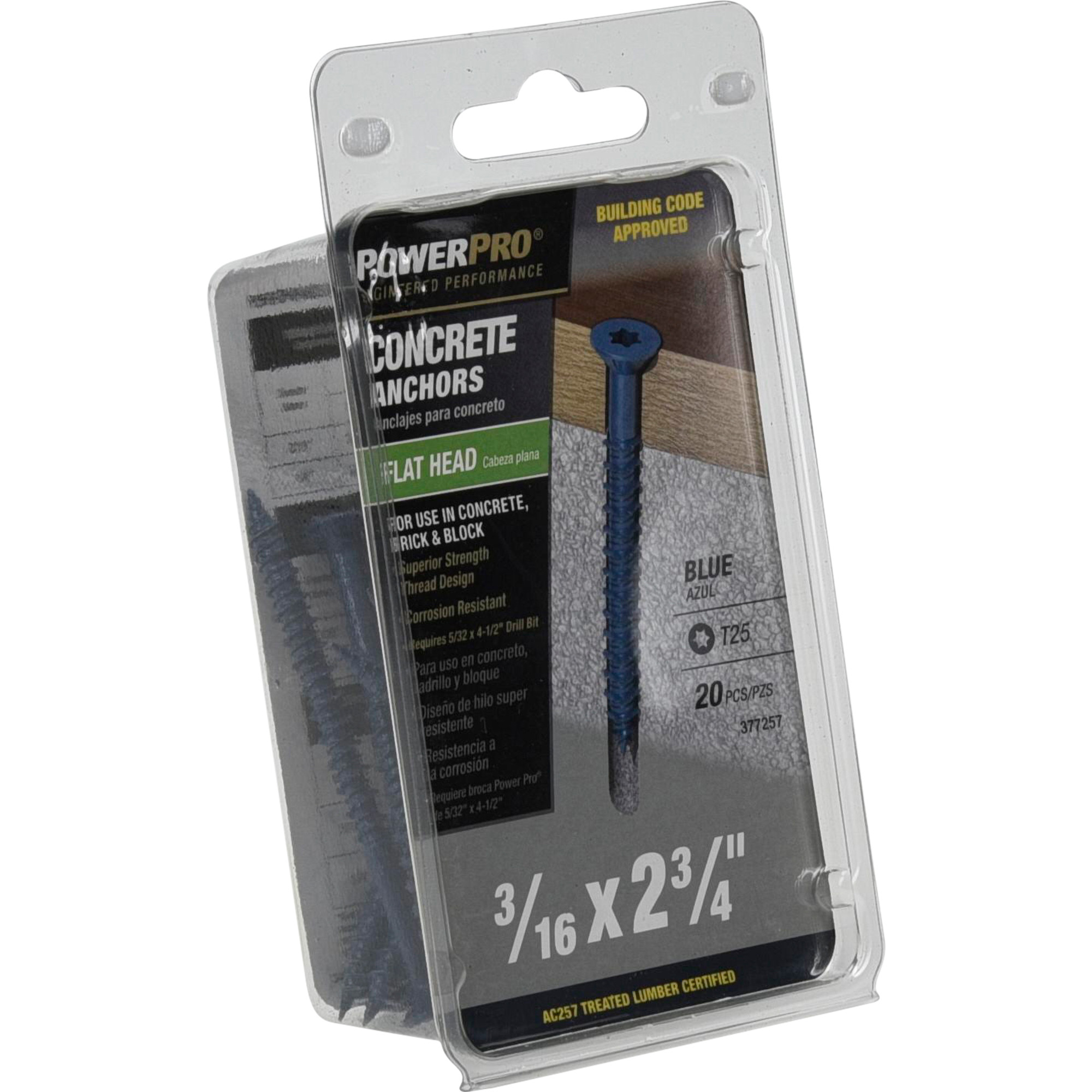 Power Pro Blue Flat-Head Concrete Screw Anchor (3/16 in. x 2-3/4 in.) - 20 pc