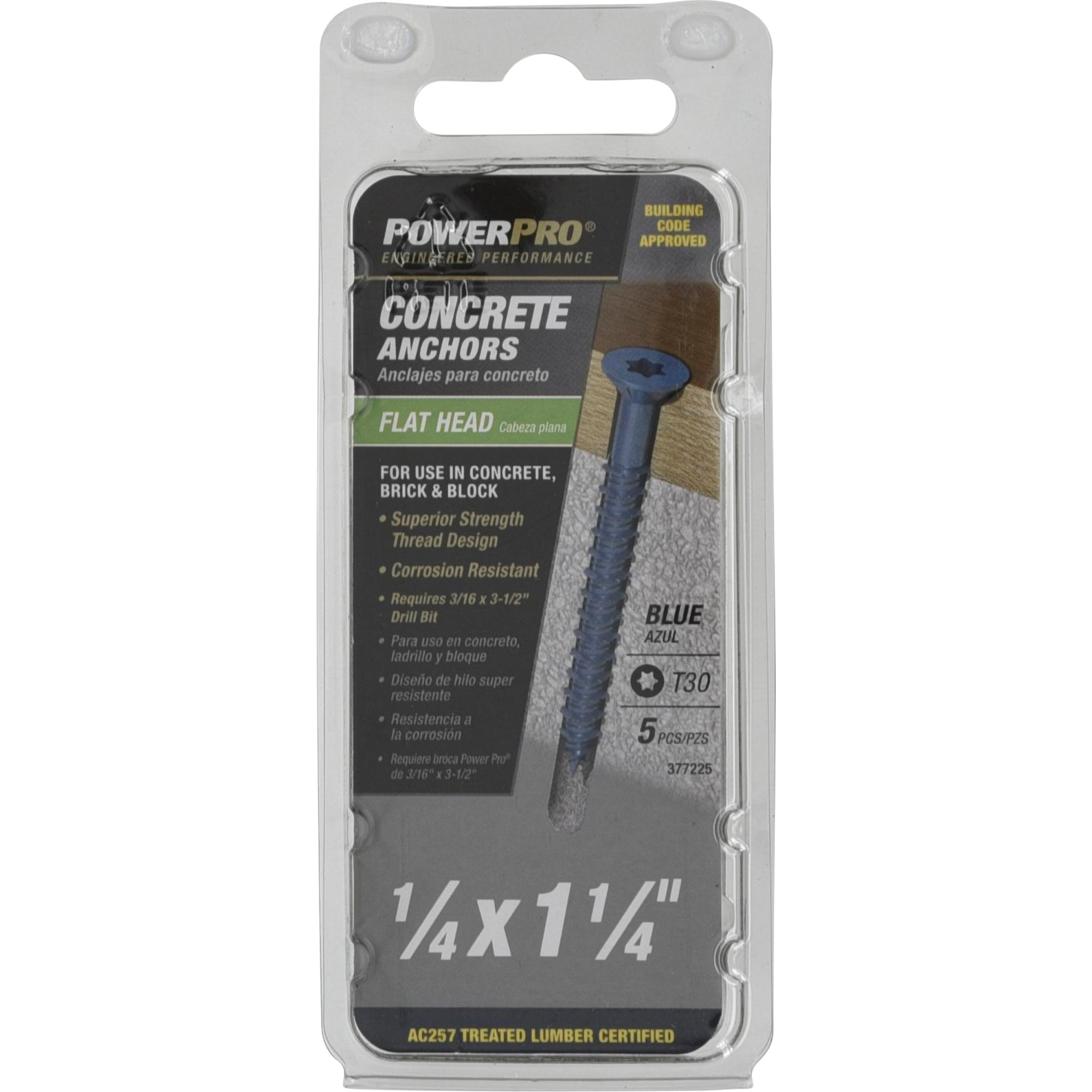 Power Pro Blue Flat-Head Concrete Screw Anchor (1/4 in. x 1-1/4 in.) - 5 pc