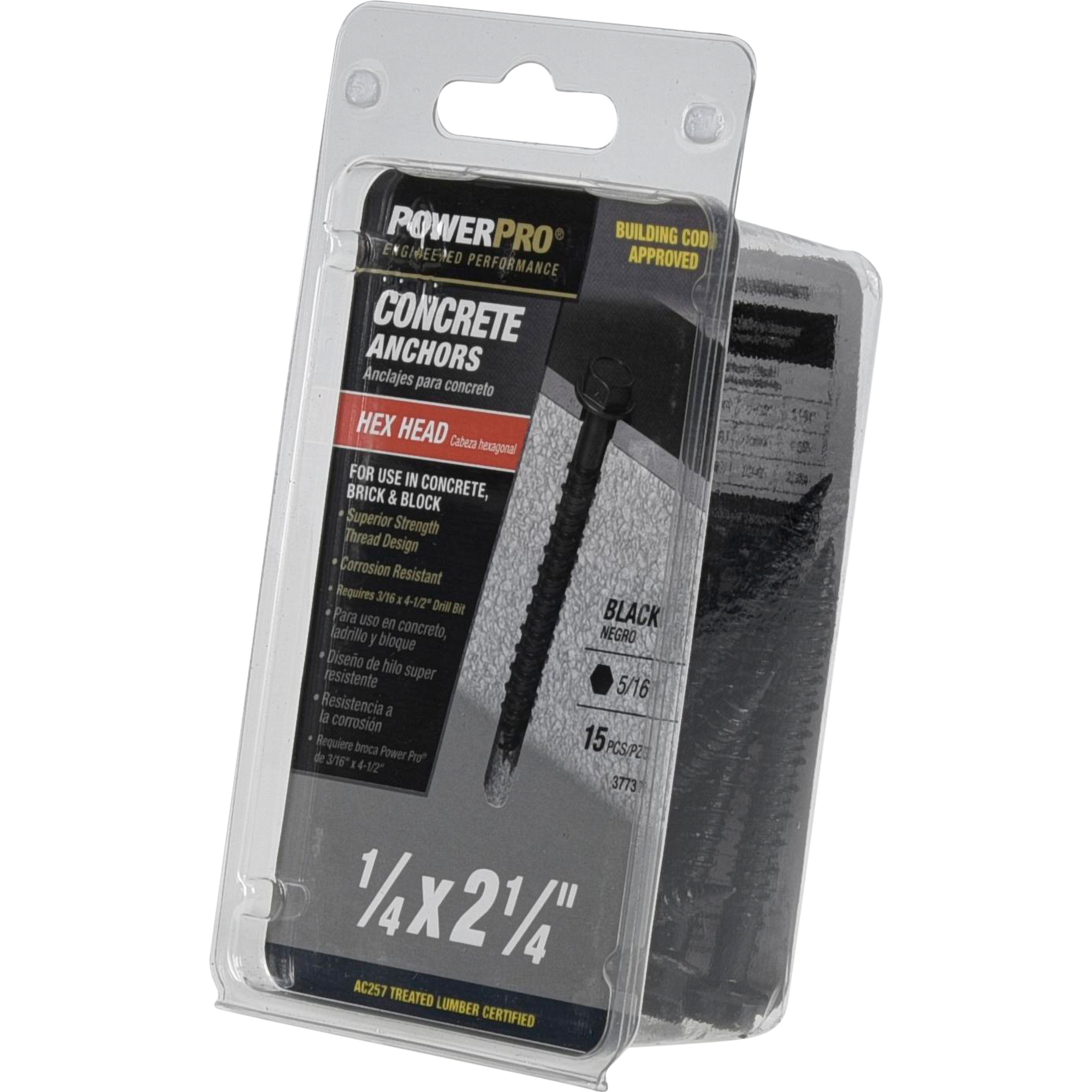 Power Pro Black Hex Washer-Head Concrete Screw Anchor (1/4 in. x 2-1/4 in.) - 15 pc