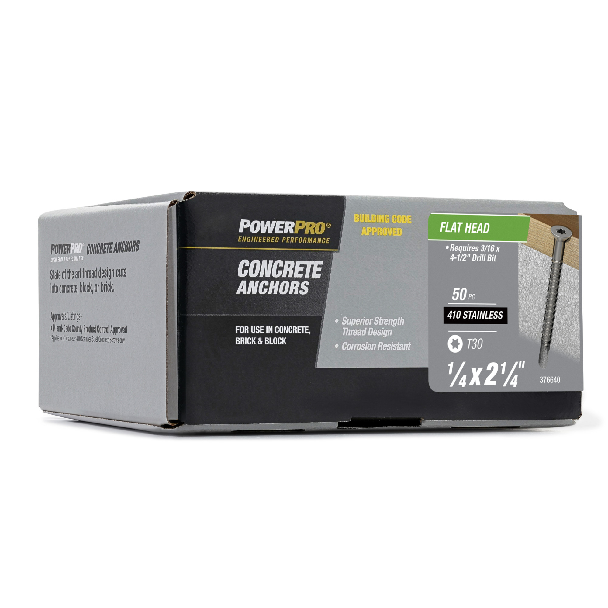 Power Pro 410 Stainless Flat Concrete Screw Anchor (1/4 in. x 2-1/4 in.) 100 pc