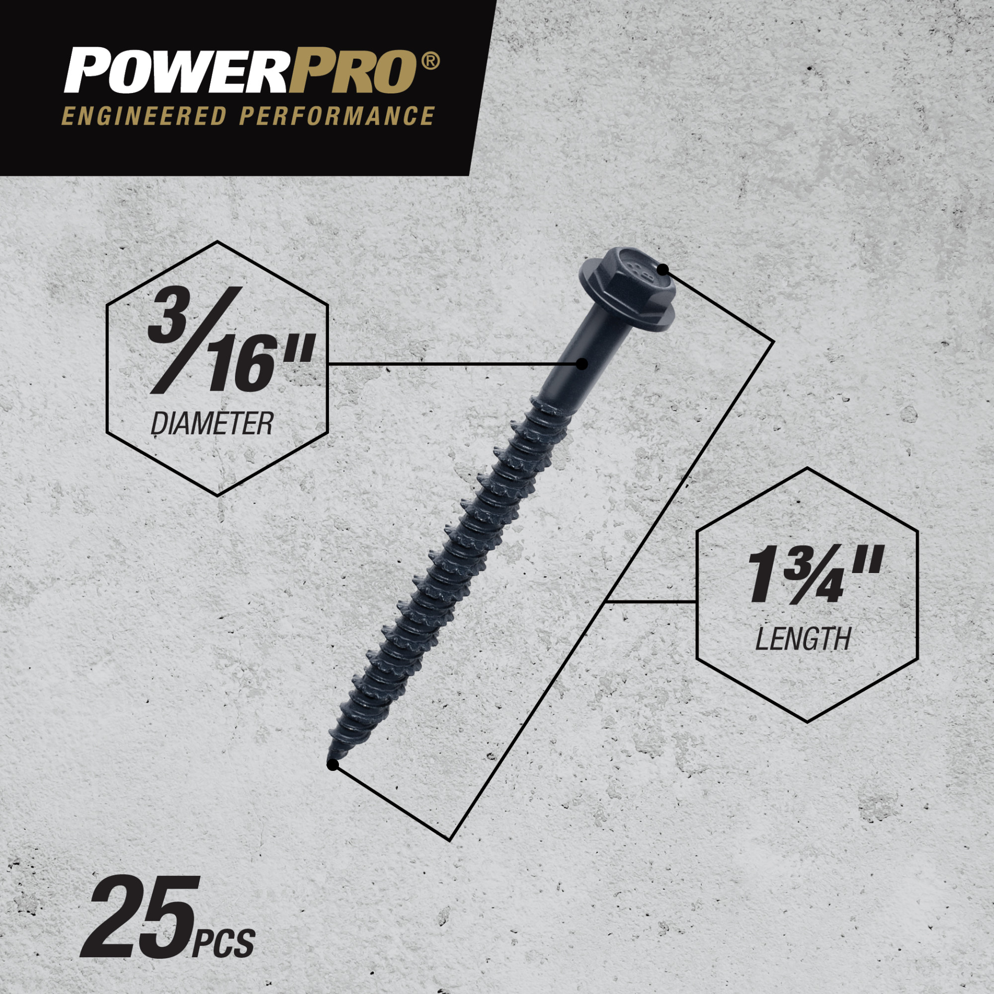 Power Pro Black Hex Washer-Head Concrete Screw Anchor (3/16 in. x 1-3/4 in.) - 25 pc