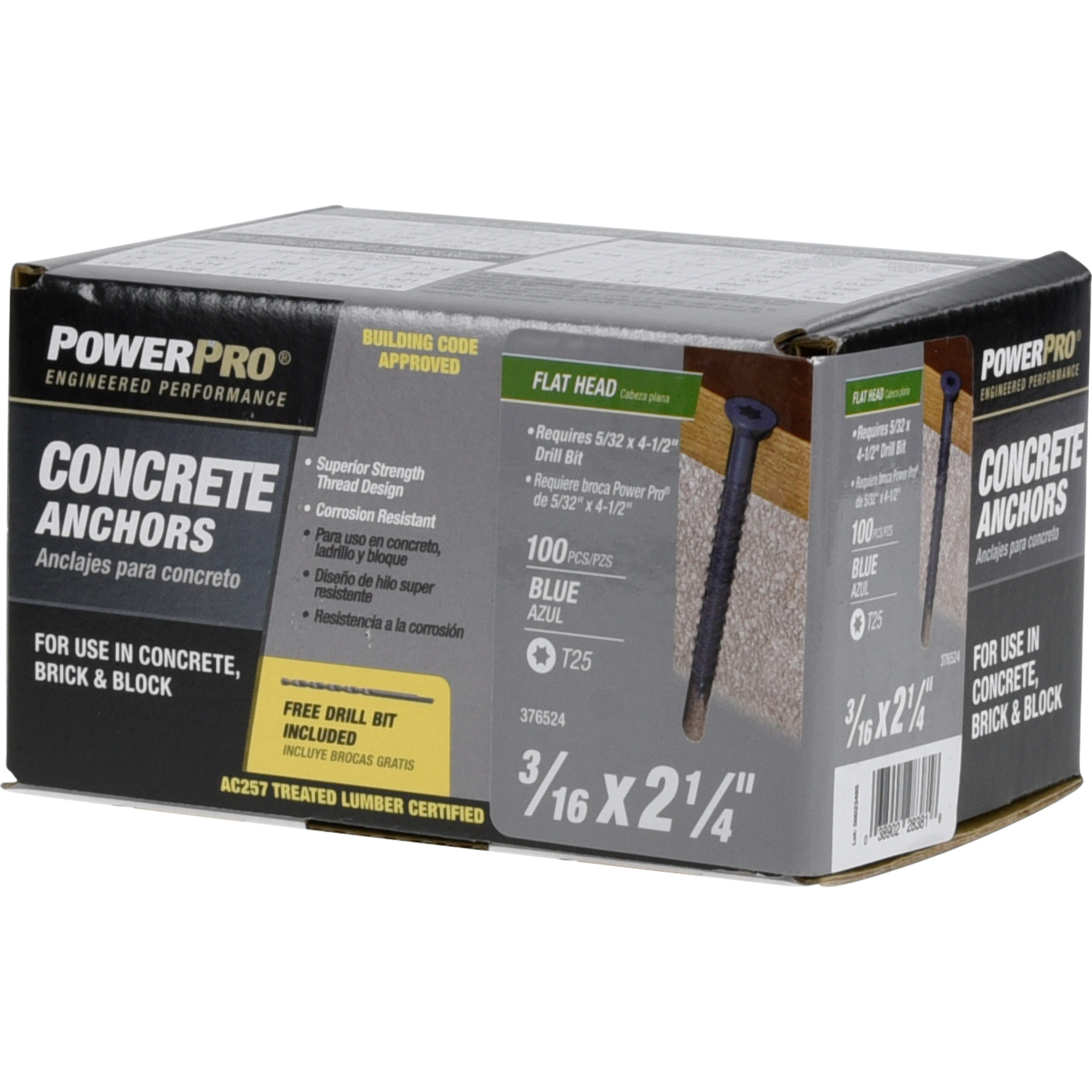 Power Pro Blue Flat-Head Concrete Screw Anchor (3/16 in. x 2-1/4 in.) - 100 pc