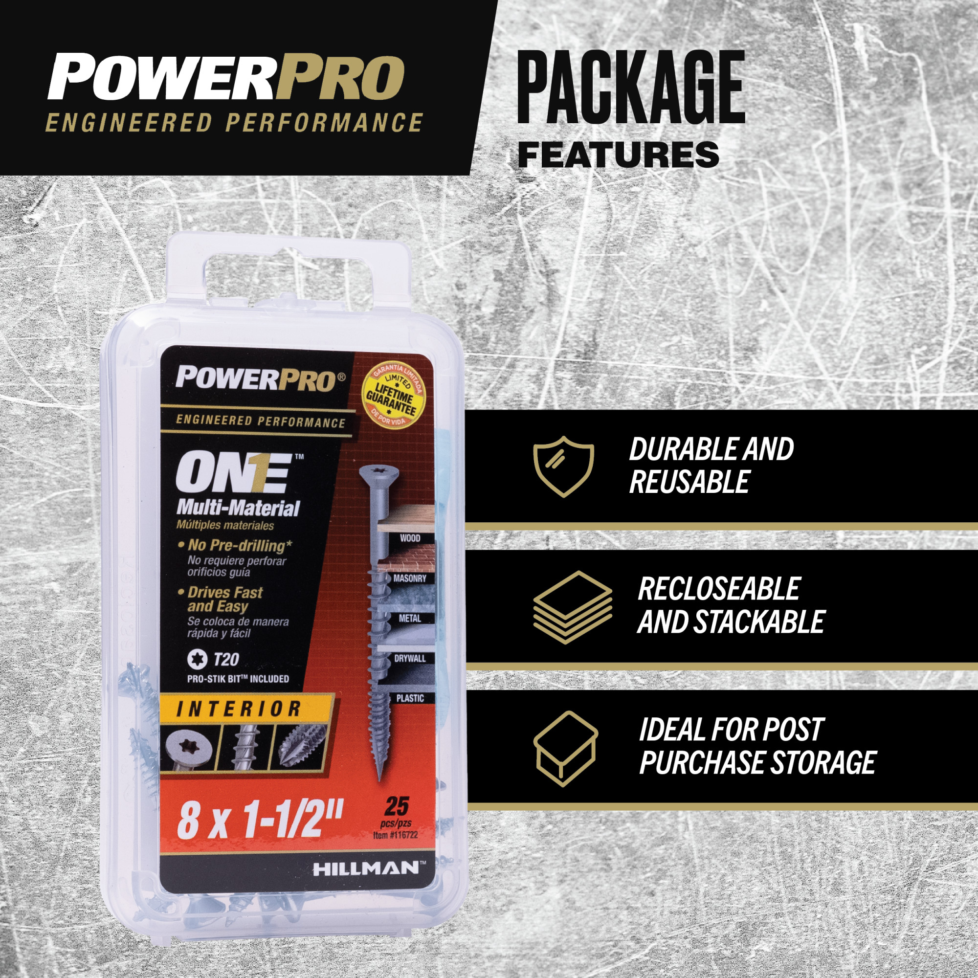 Power Pro ONE Flat Interior Zinc Multi-Material Screws (#8 x 1-1/2 in.) - 25 pc