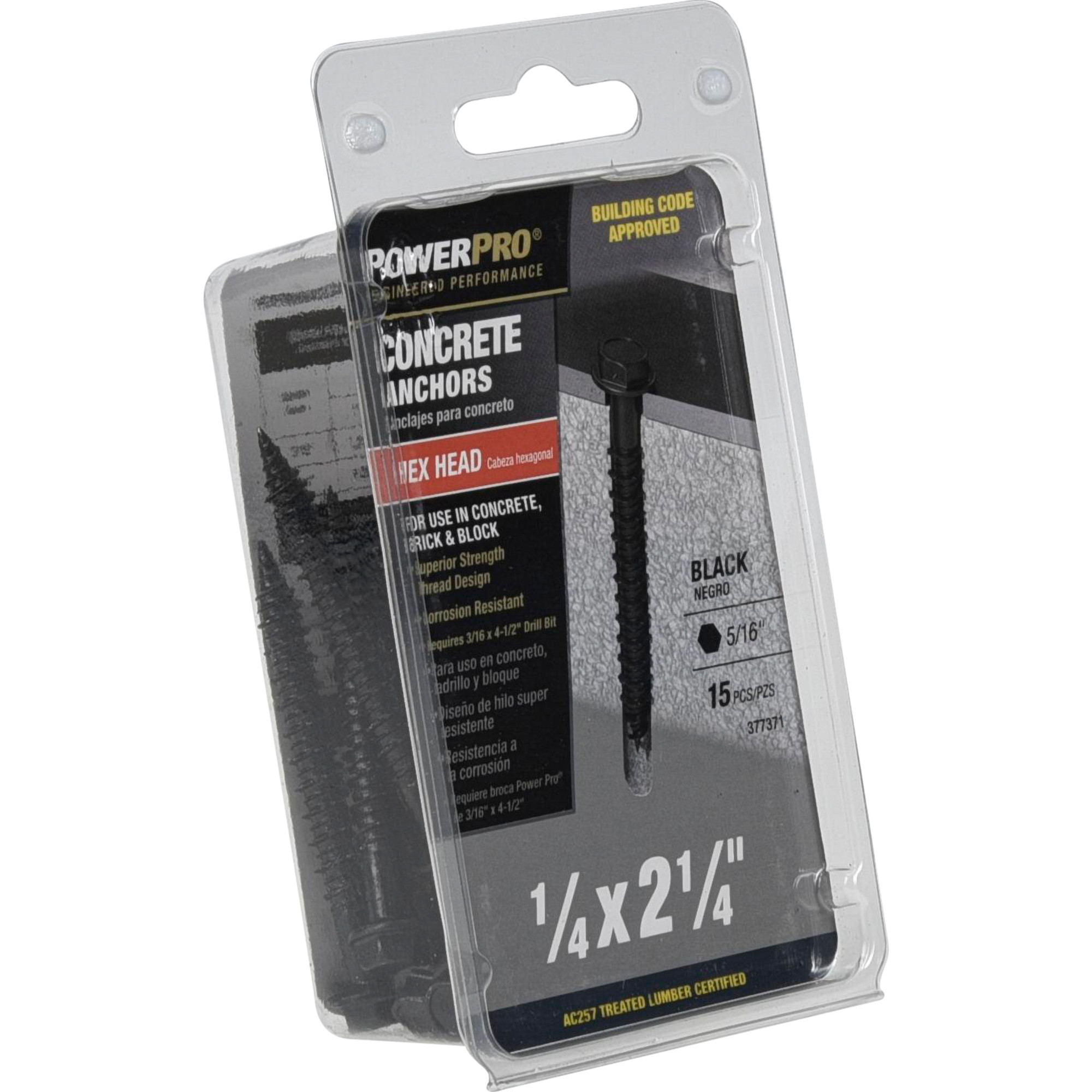 Power Pro Black Hex Washer-Head Concrete Screw Anchor (1/4 in. x 2-1/4 in.) - 15 pc