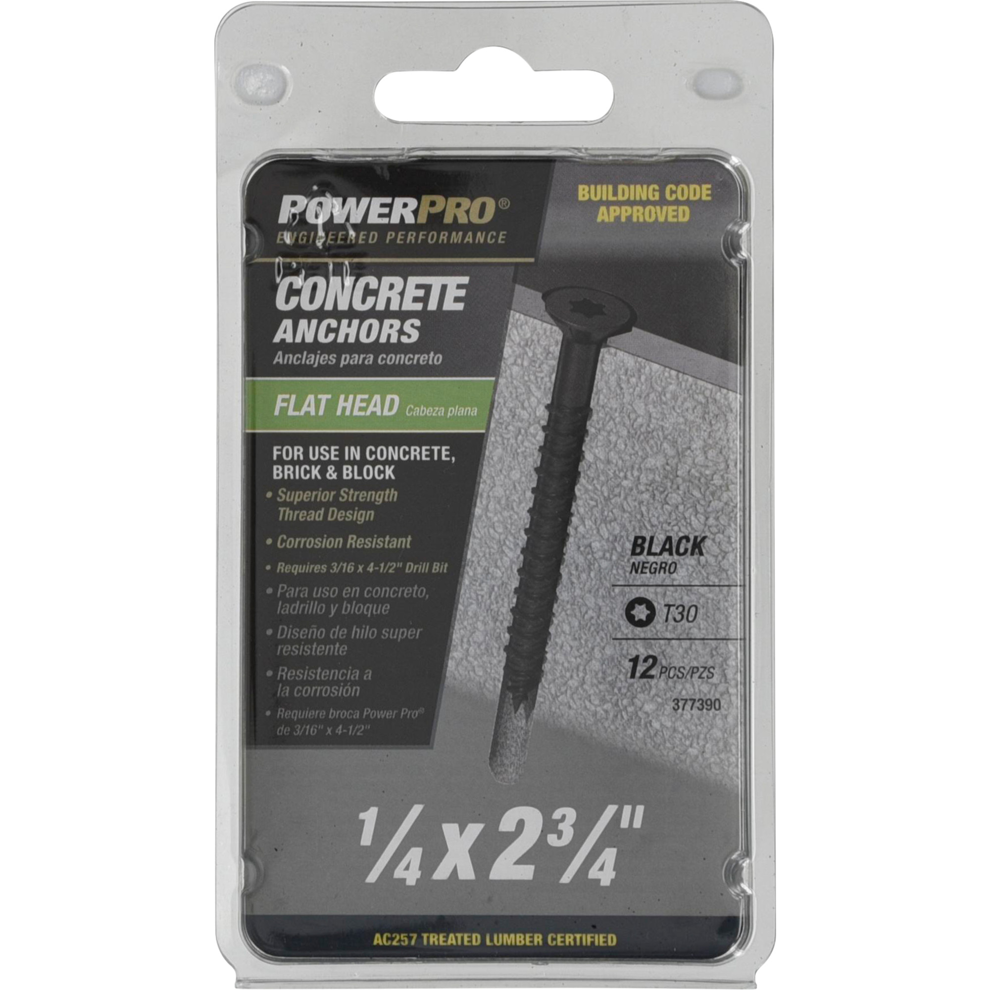 Power Pro Black Flat-Head Concrete Screw Anchor (1/4 in. x 2-3/4 in.) - 12 pc