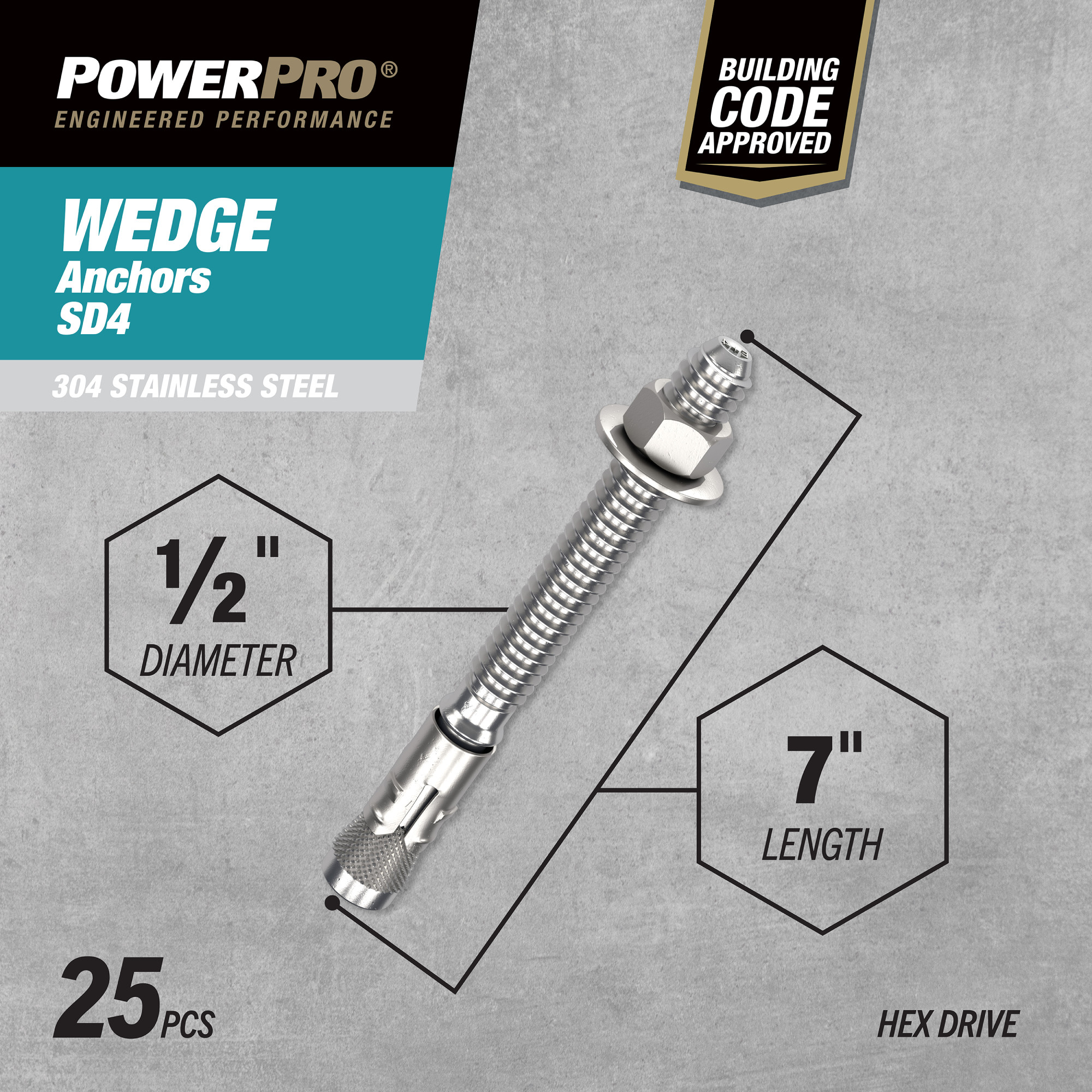 Power Pro SD4 304 Stainless Steel Wedge Anchors (1/2 in. x 7 in.) - 25 pc