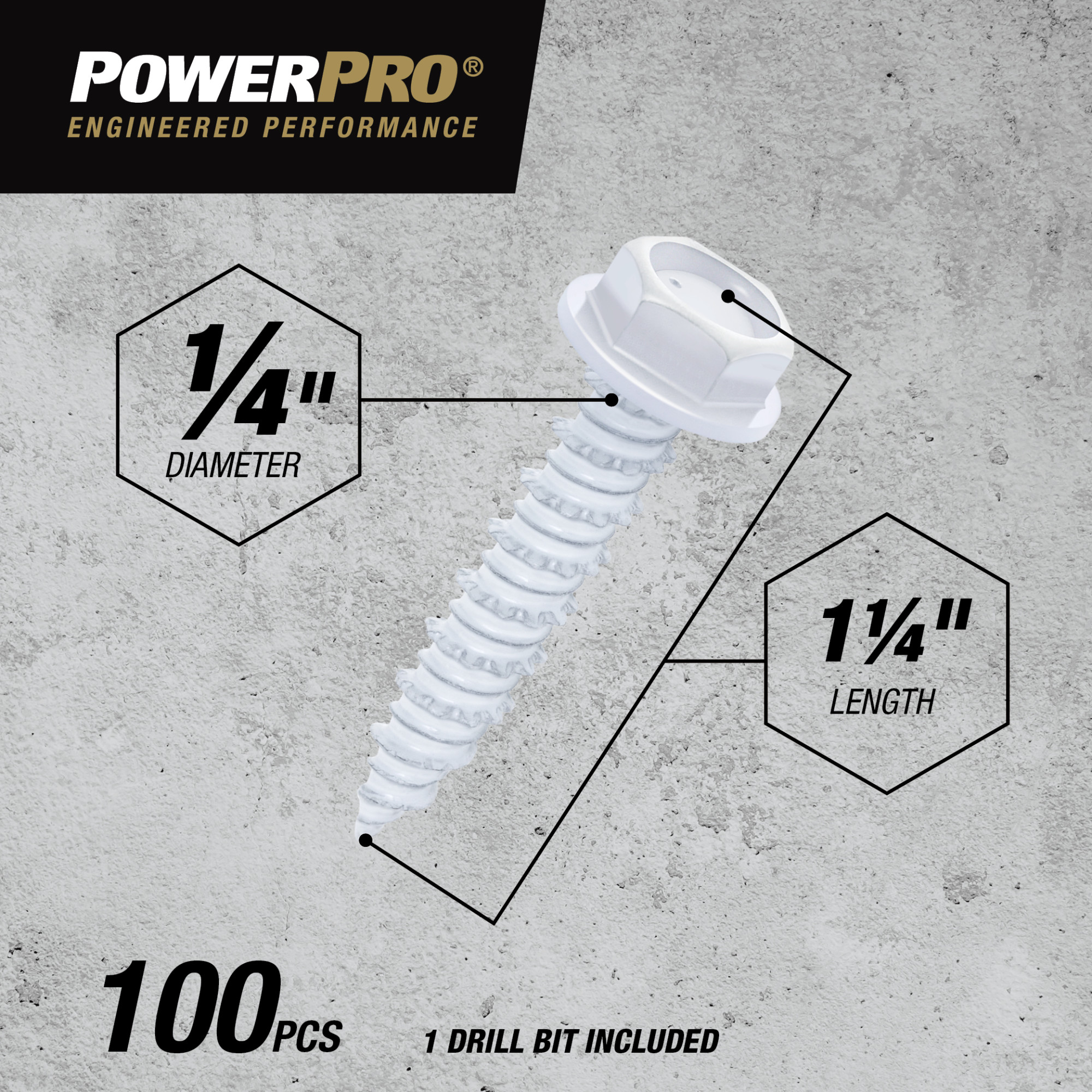 Power Pro White Hex Washer-Head Concrete Screw Anchor (1/4 in. x 1-1/4 in.) - 100 pc