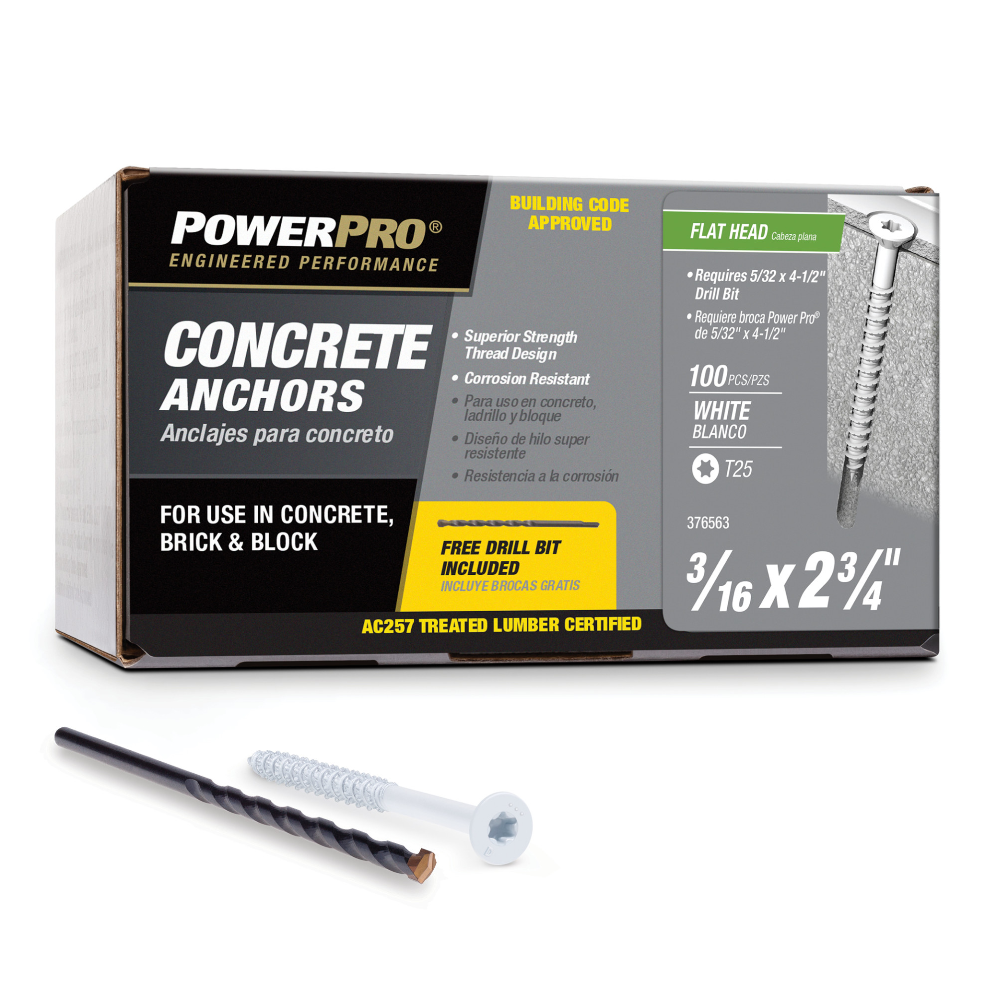 Power Pro White Flat-Head Concrete Screw Anchor (3/16 in. x 2-3/4 in.) - 100 pc