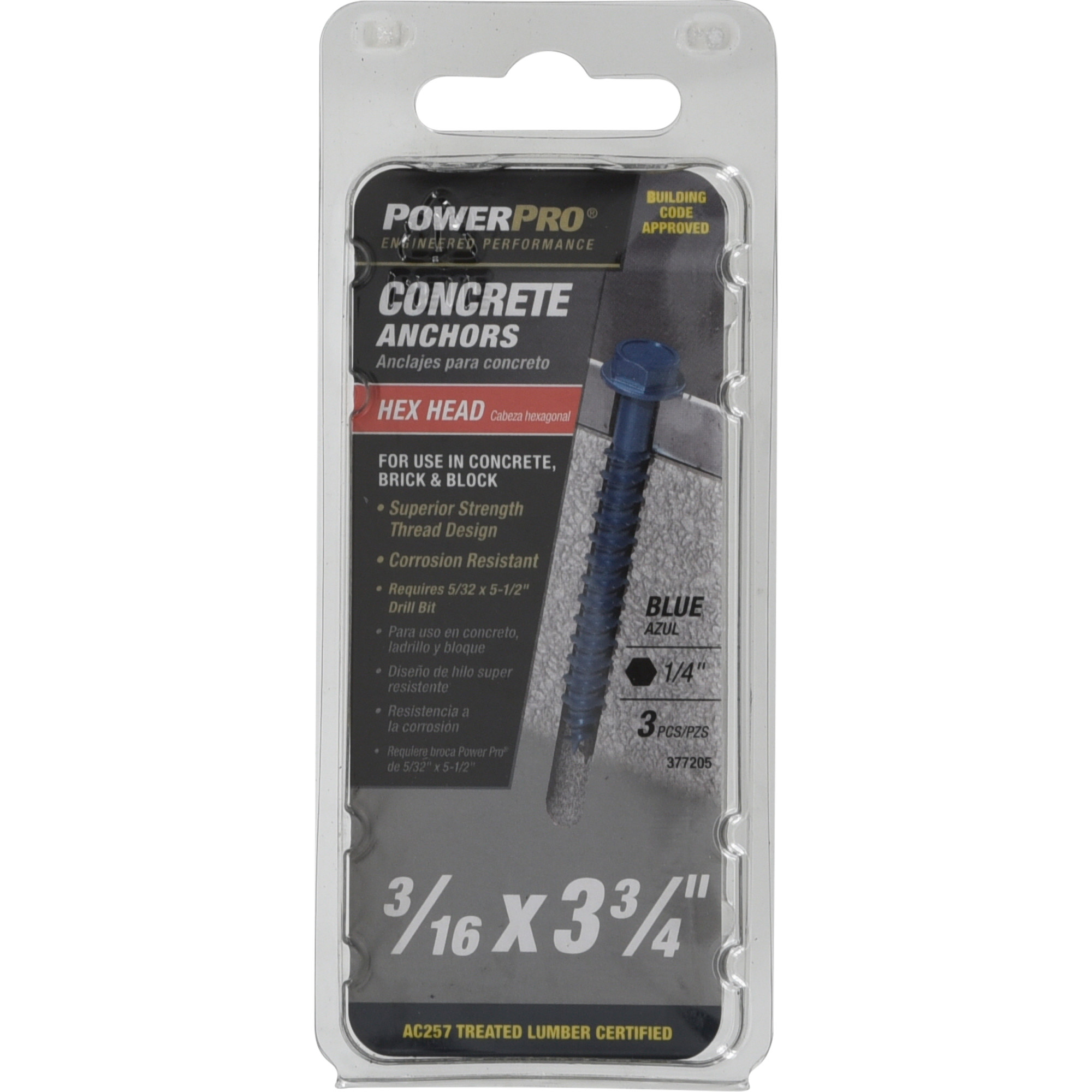Power Pro Blue Hex Washer-Head Concrete Screw Anchor (3/16 in. x 3-3/4 in.) - 3 pc