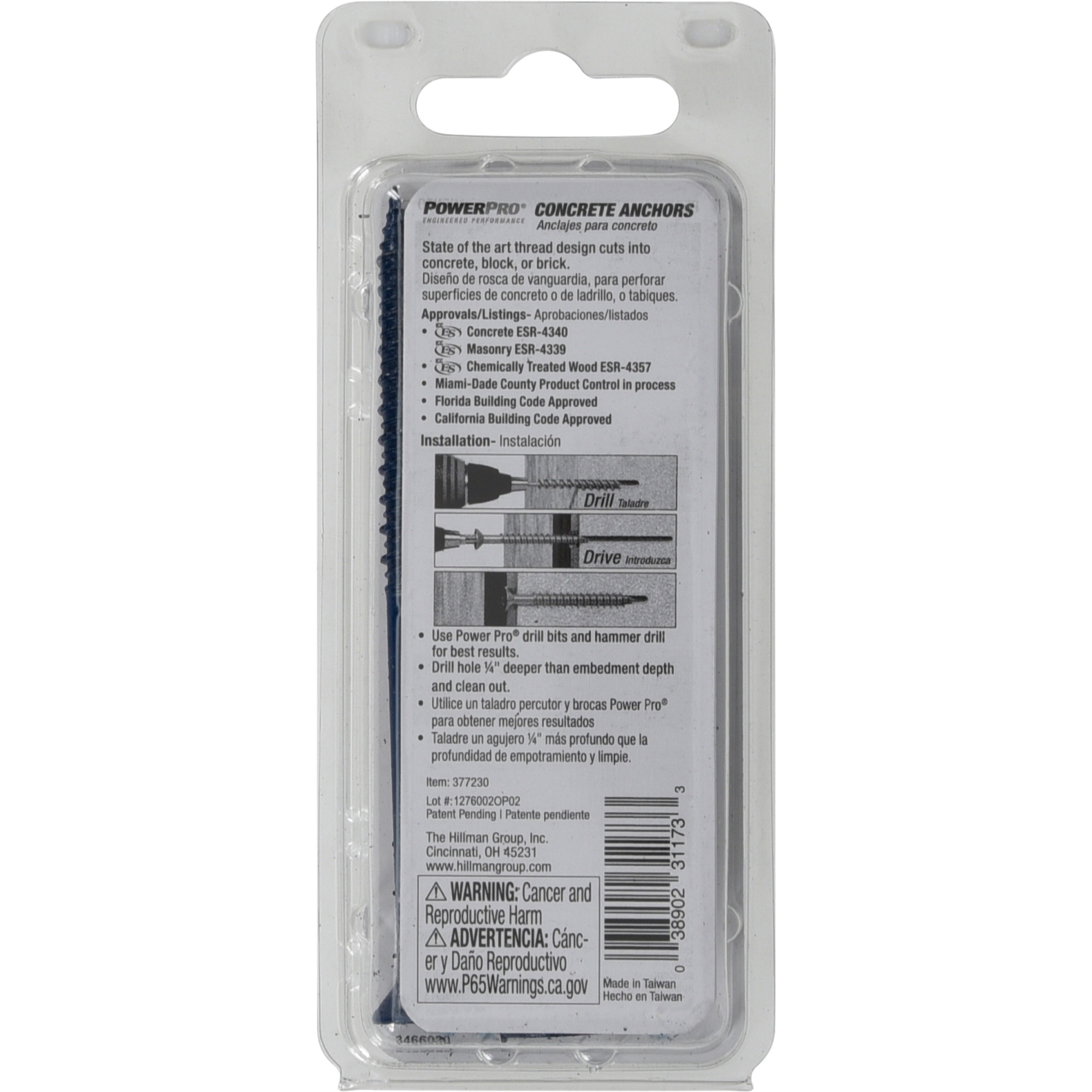 Power Pro Blue Flat-Head Concrete Screw Anchor (1/4 in. x 3-3/4 in.) - 3 pc