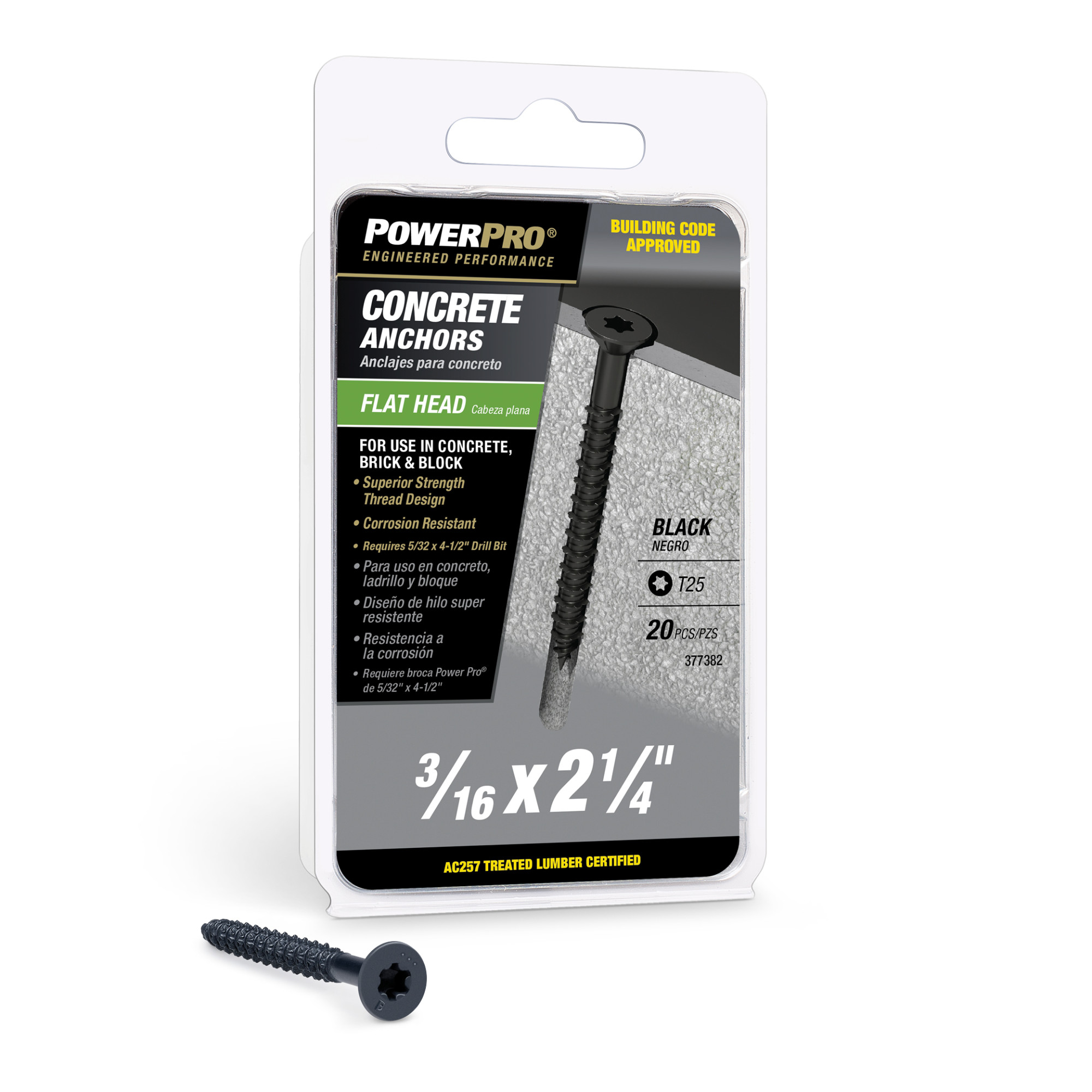 Power Pro Black Flat-Head Concrete Screw Anchor (3/16 in. x 2-1/4 in.) - 20 pc