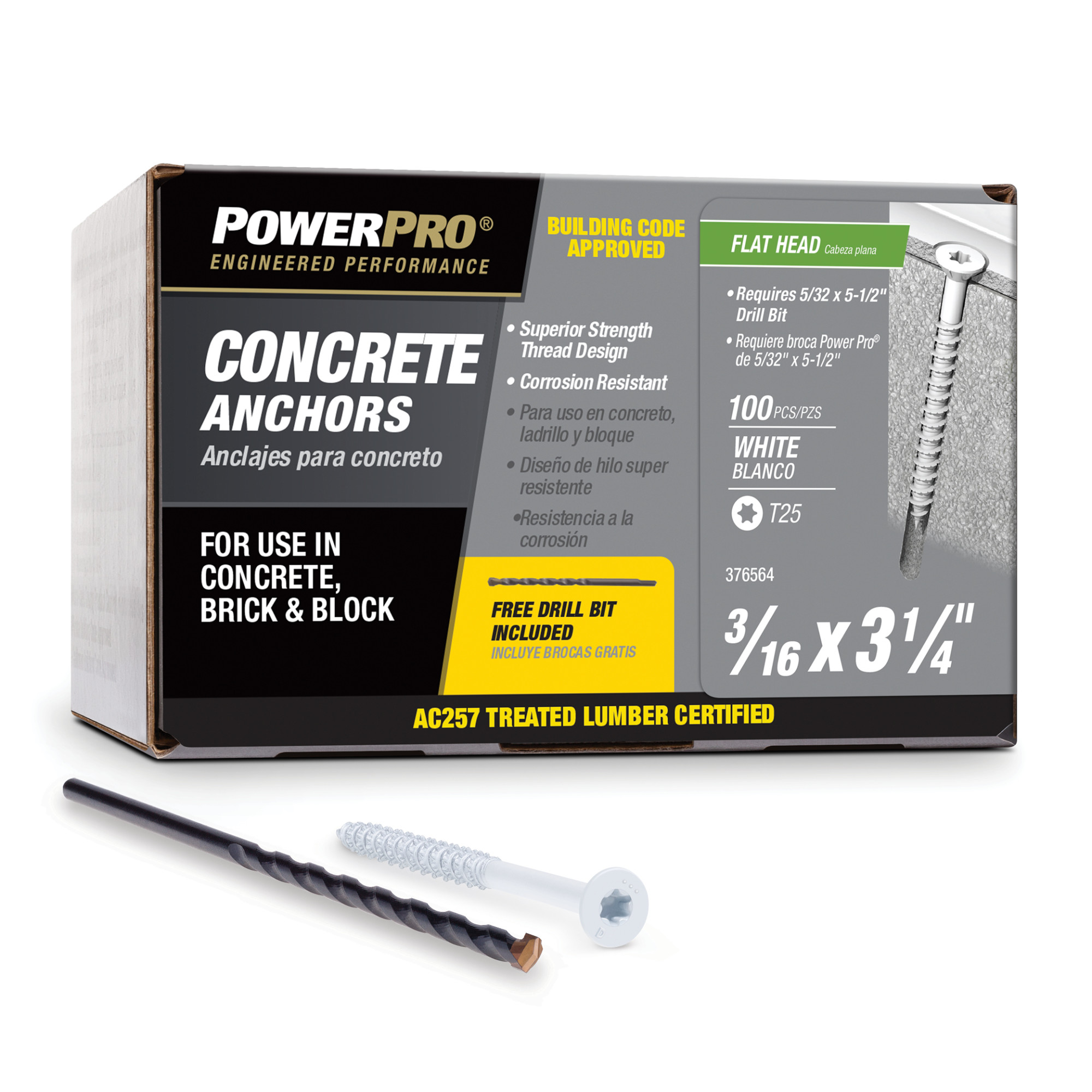 Power Pro White Flat-Head Concrete Screw Anchor (3/16 in. x 3-1/4 in.) - 100 pc