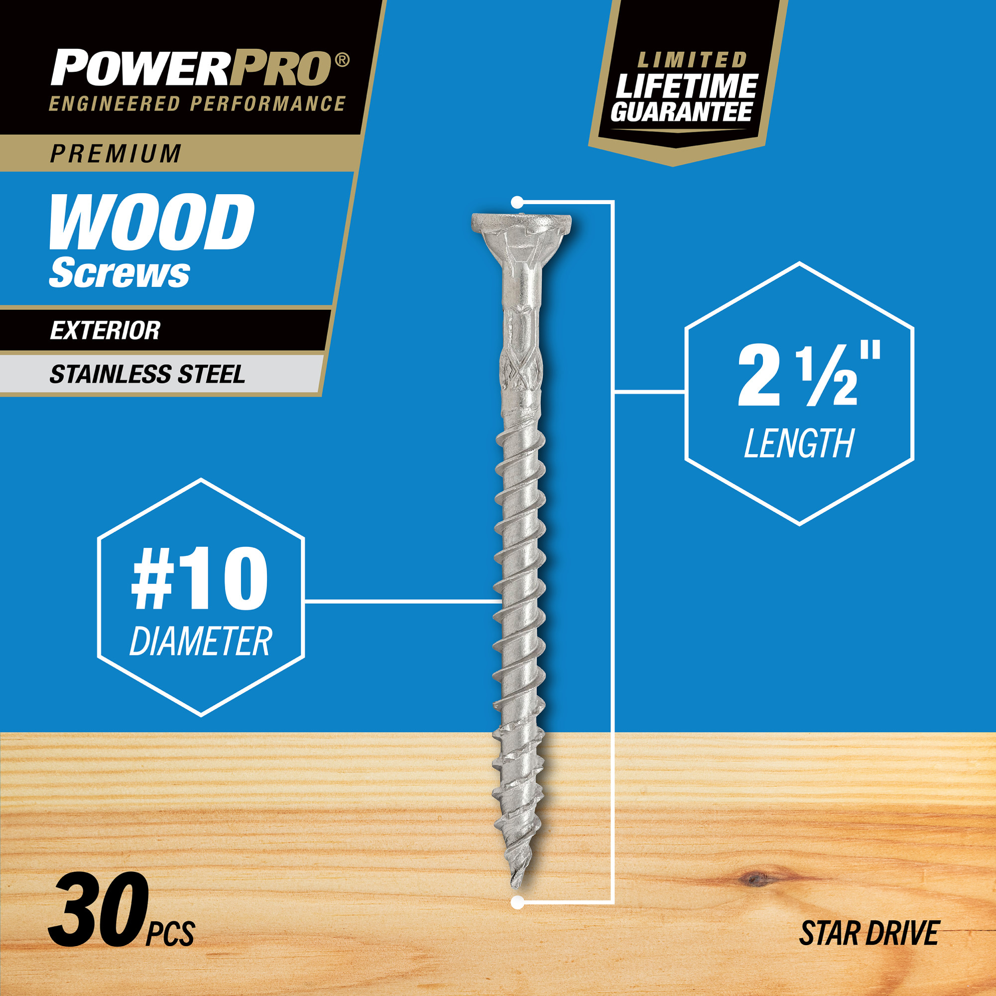 Power Pro Premium 305 Stainless Steel Wood Screws (#10 x 2-1/2 in.) - 30 pc