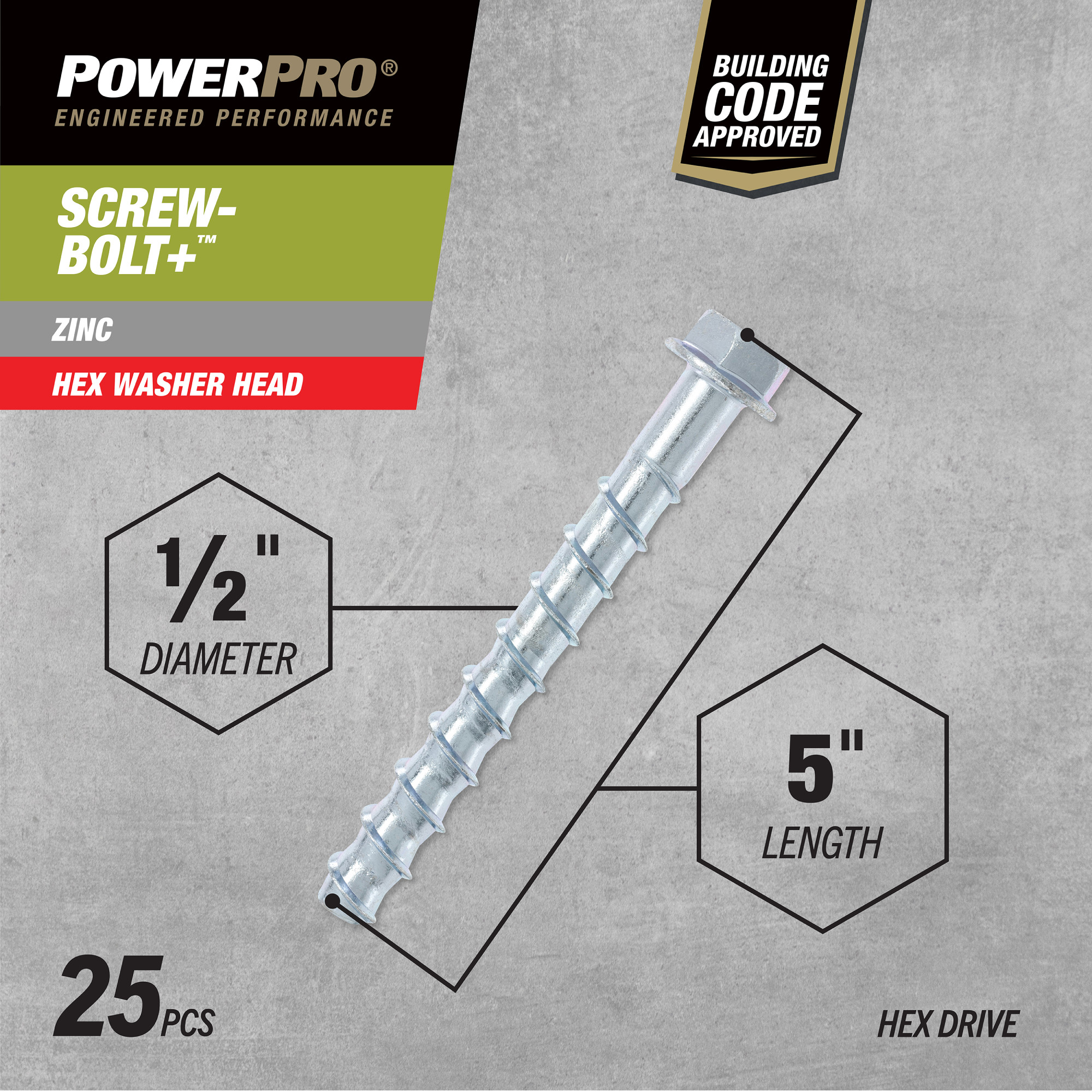 Power Pro Zinc Hex Washer Head Screw-Bolt+ Anchors (1/2 in. x 5 in.) - 25 pc