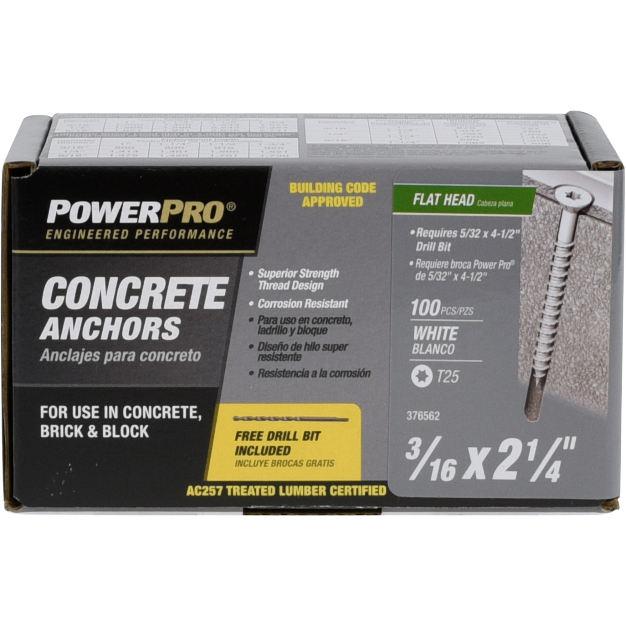 Power Pro White Flat-Head Concrete Screw Anchor (3/16 in. x 2-1/4 in.) - 100 pc