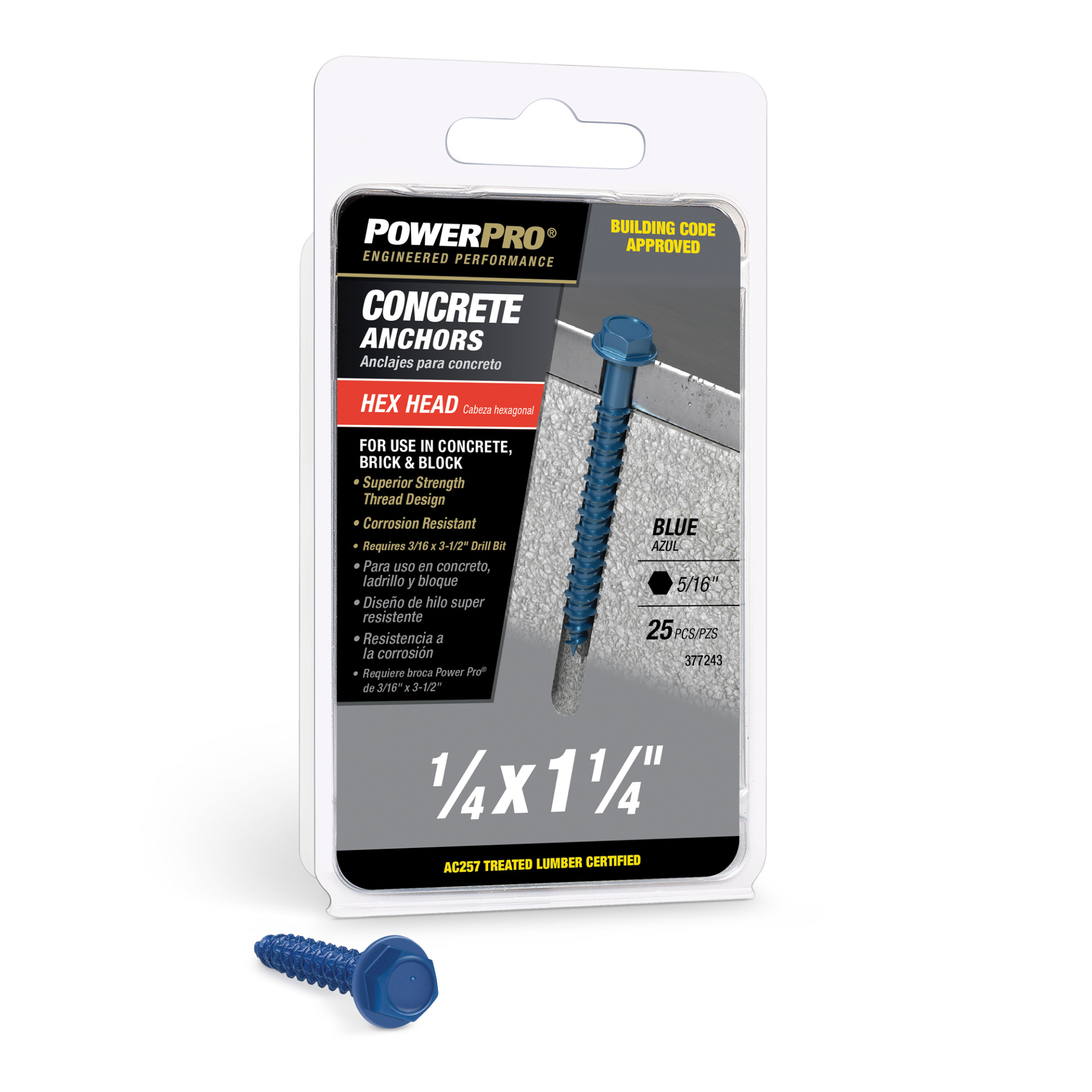 Power Pro Blue Hex Washer-Head Concrete Screw Anchor (1/4 in. x 1-1/4 in.) - 25 pc