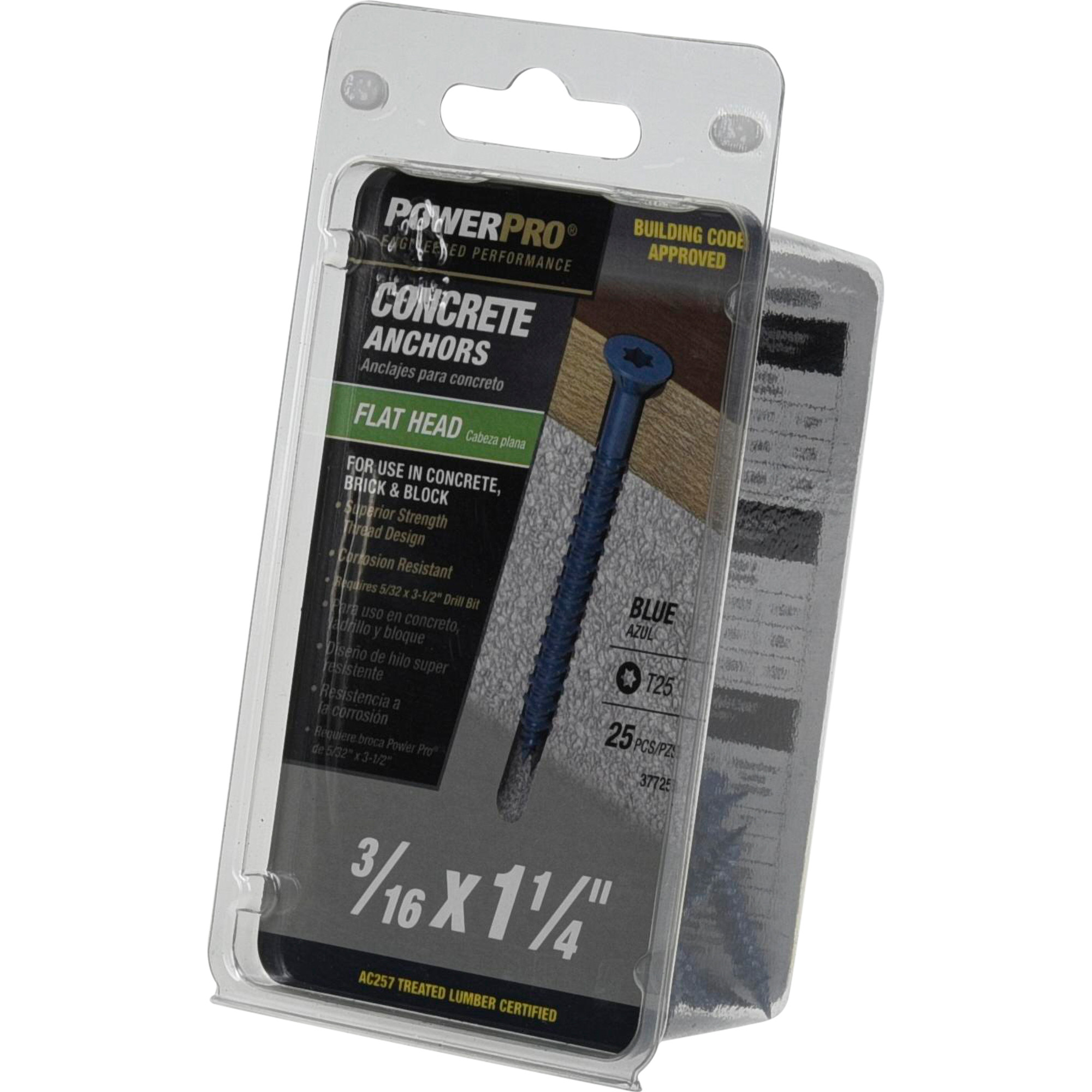 Power Pro Blue Flat-Head Concrete Screw Anchor (3/16 in. x 1-1/4 in.) - 25 pc