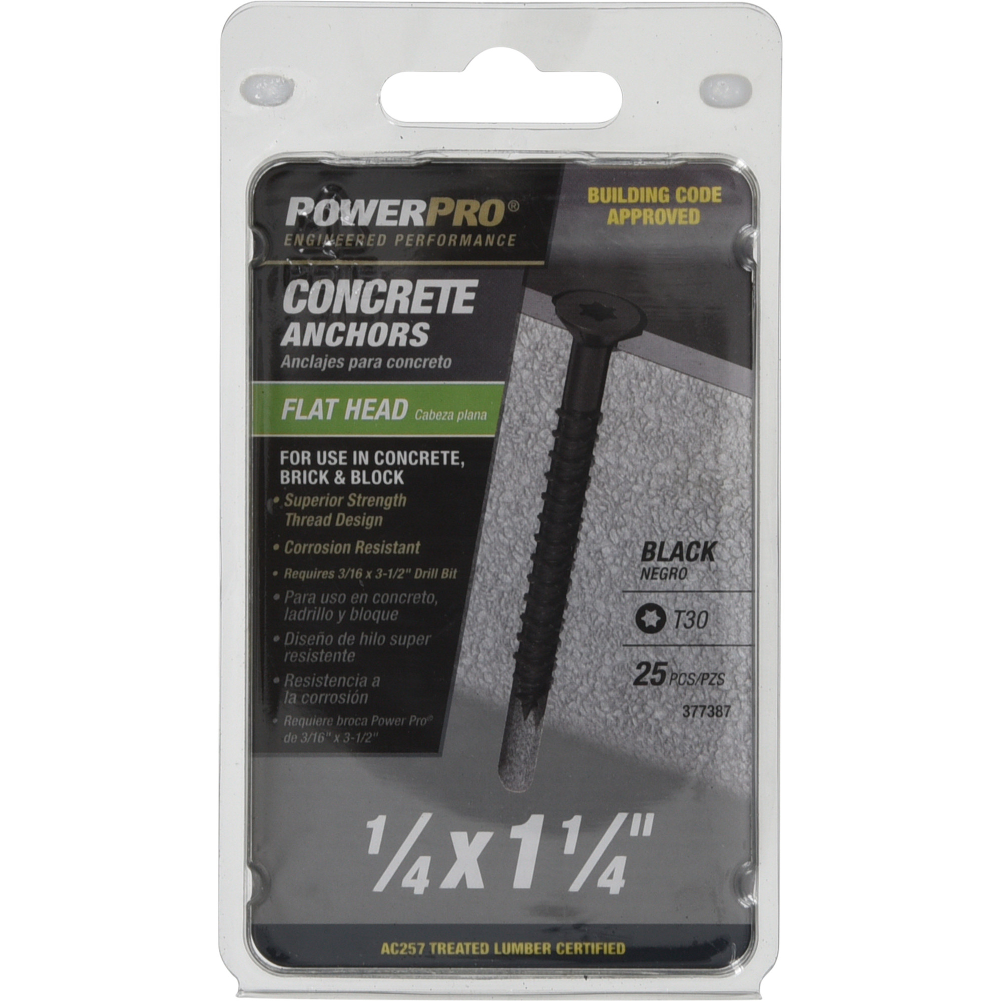 Power Pro Black Flat-Head Concrete Screw Anchor (1/4 in. x 1-1/4 in.) - 25 pc