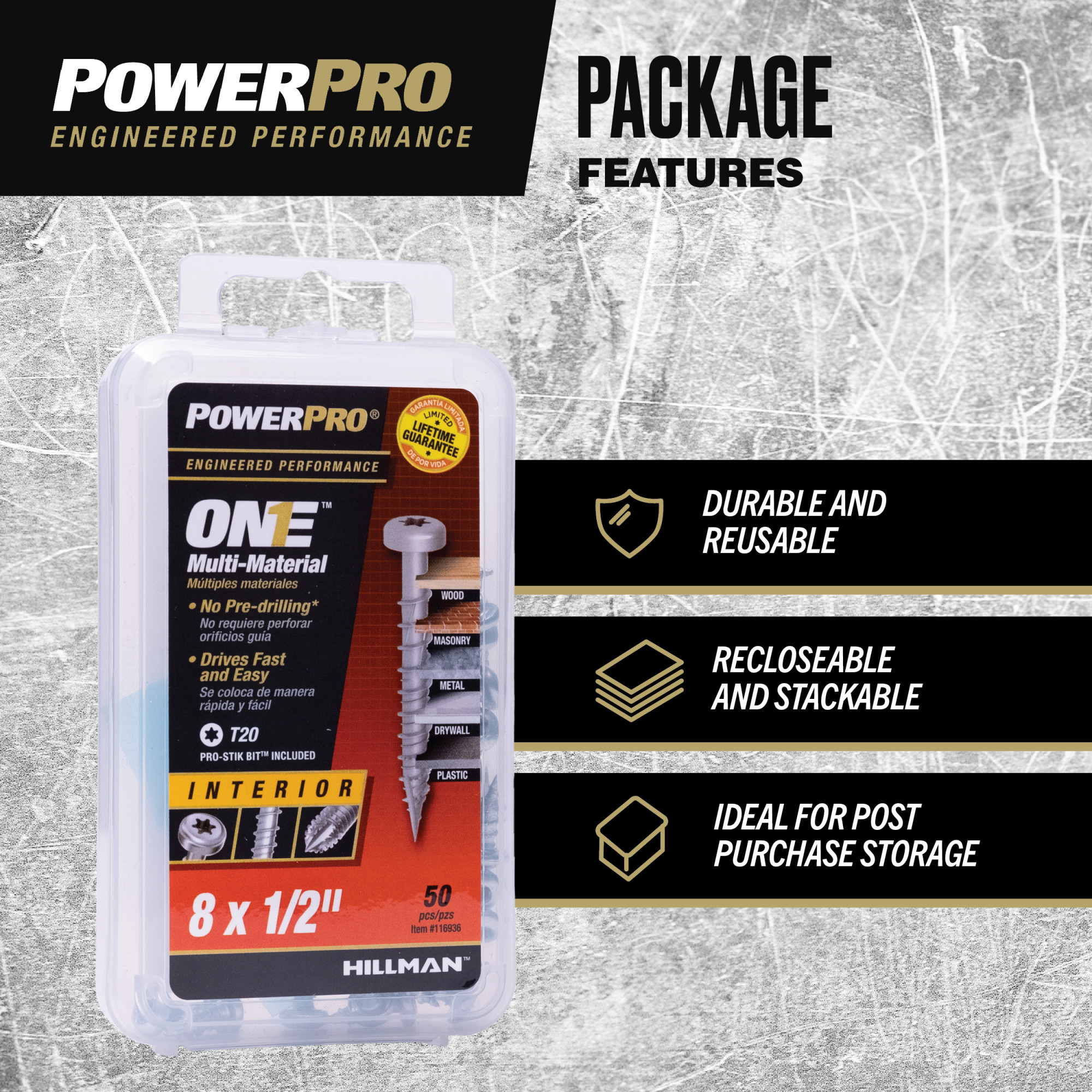 Power Pro ONE Pan-Head Interior Zinc Multi-Material Screws (#8 x 1/2 in.) - 50 pc