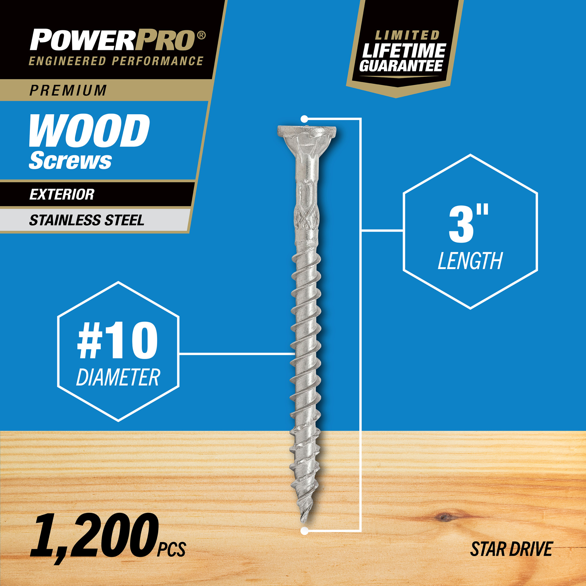 Power Pro Premium 305 Stainless Steel Wood Screws (#10 x 3 in.) - 1200 pc