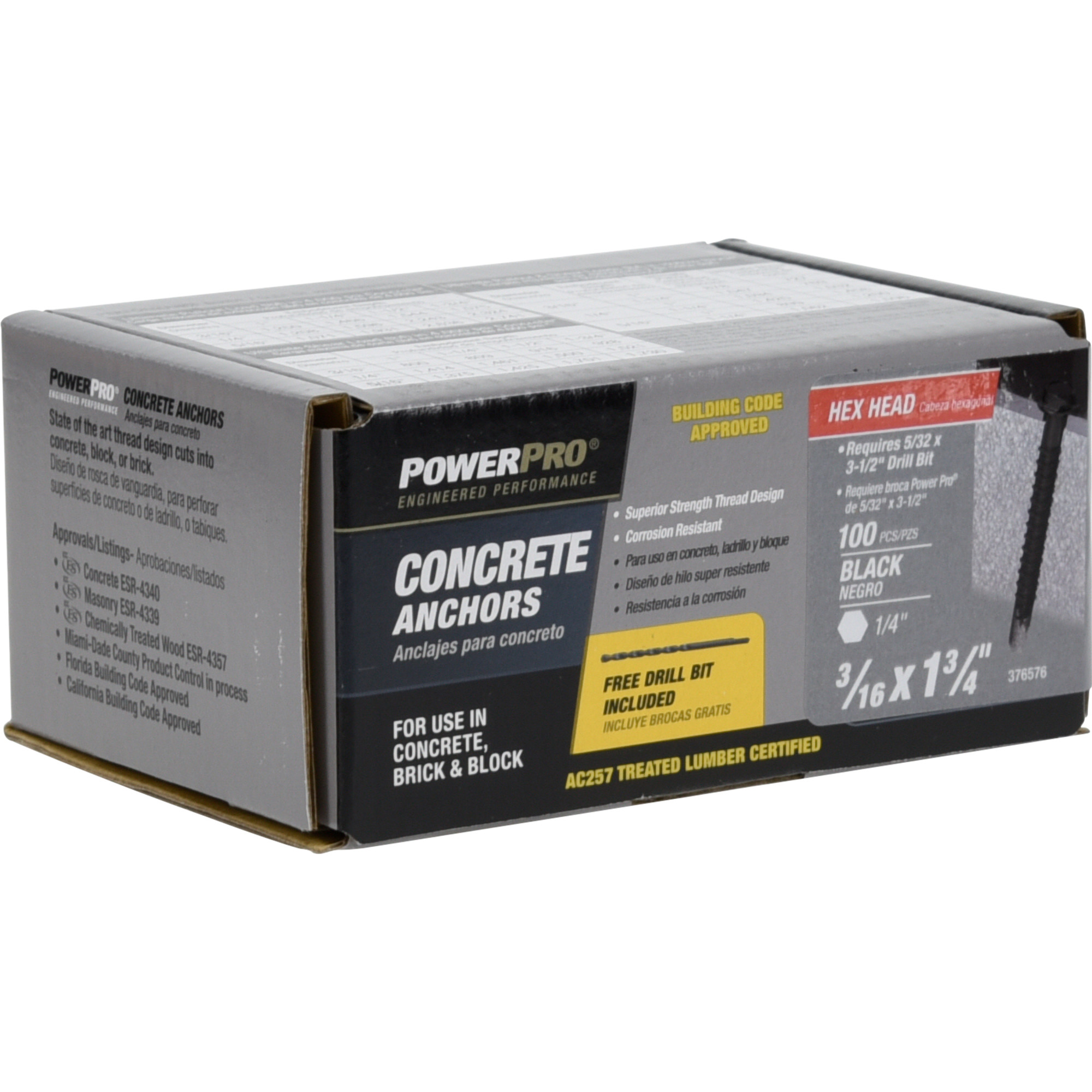 Power Pro Black Hex Washer-Head Concrete Screw Anchor (3/16 in. x 1-3/4 in.) - 100 pc