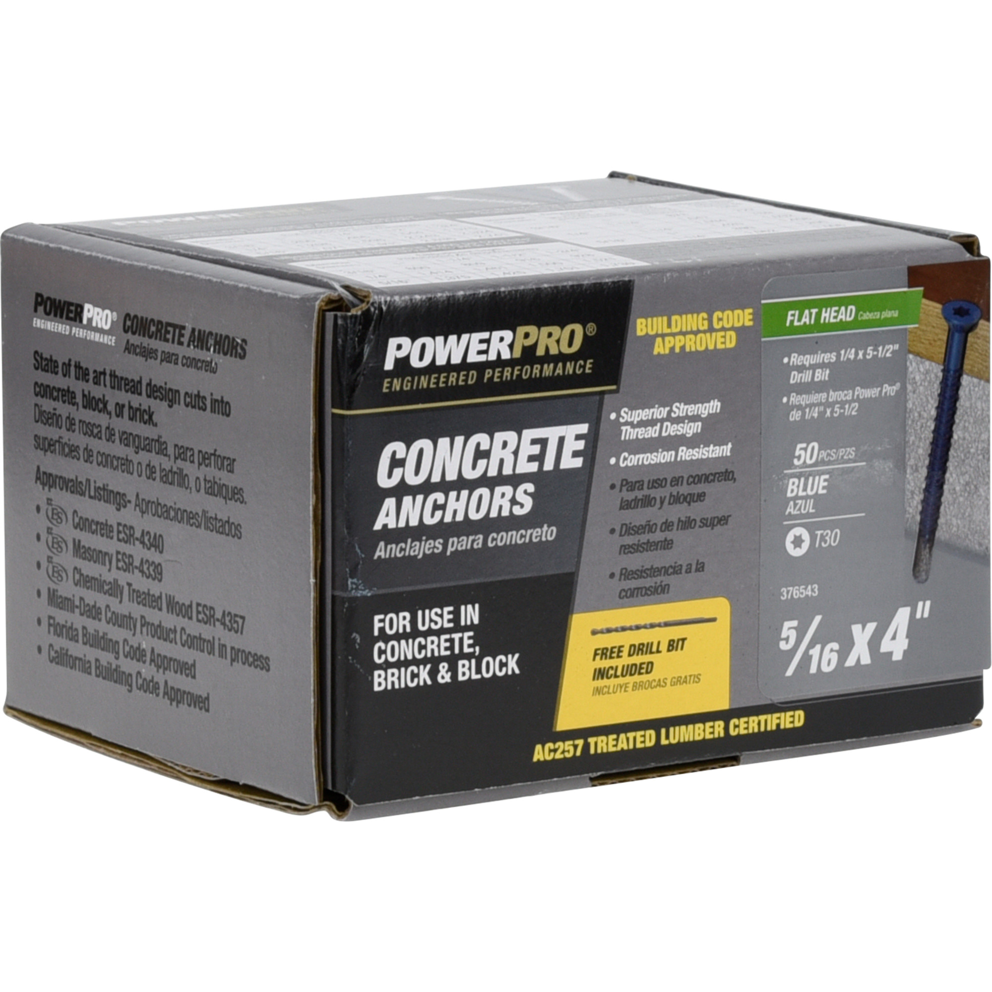 Power Pro Blue Flat-Head Concrete Screw Anchor (5/16 in. x 4 in.) - 50 pc