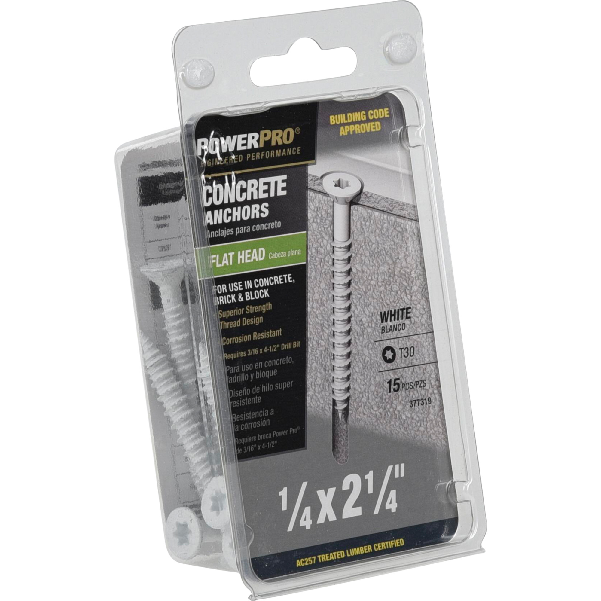 Power Pro White Flat-Head Concrete Screw Anchor (1/4 in. x 2-1/4 in.) - 15 pc