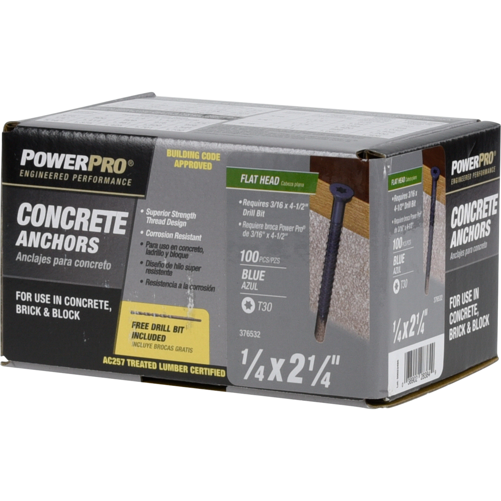 Power Pro Blue Flat-Head Concrete Screw Anchor (1/4 in. x 2-1/4 in.) - 100 pc