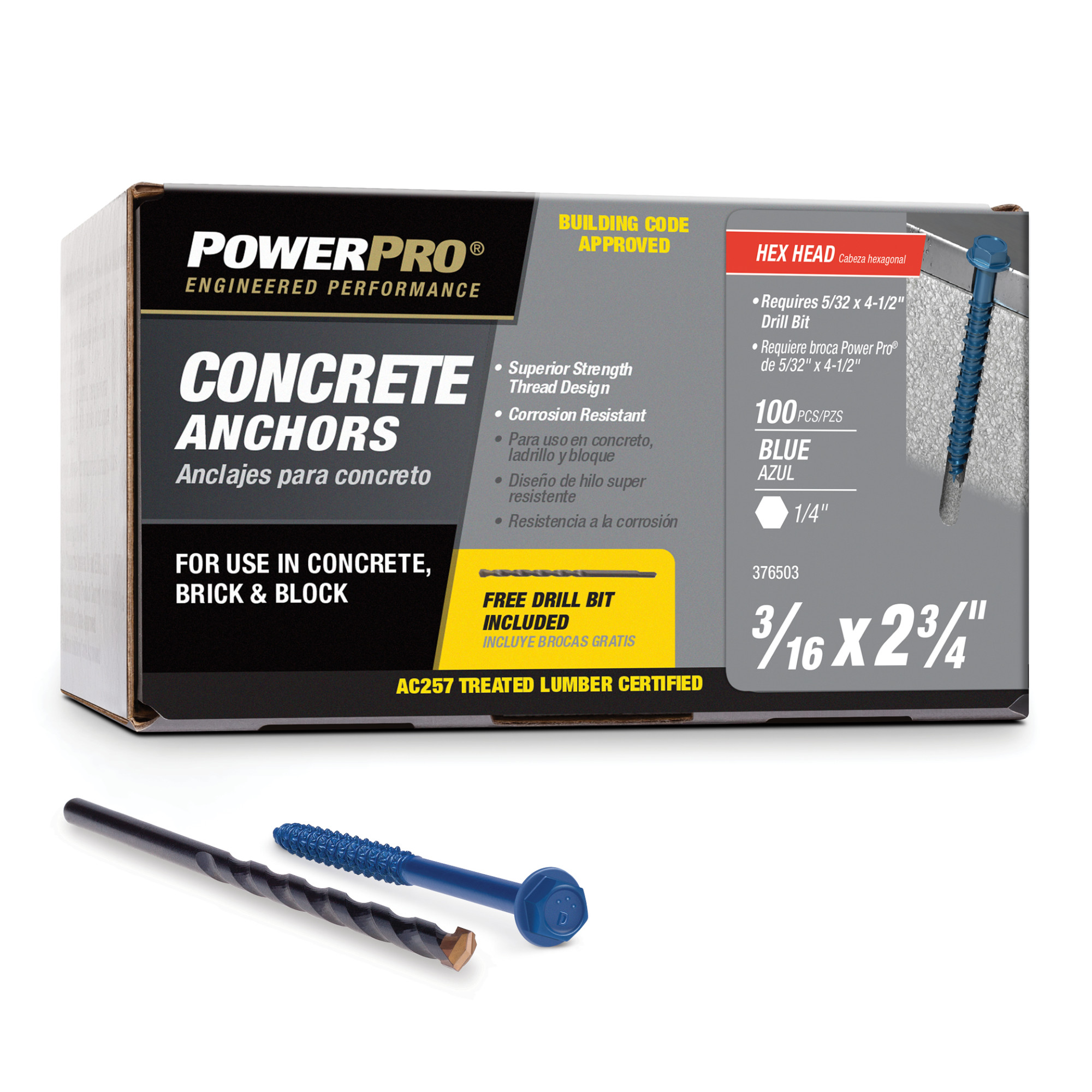 Power Pro Blue Hex Washer-Head Concrete Screw Anchor (3/16 in. x 2-3/4 in.) - 100 pc