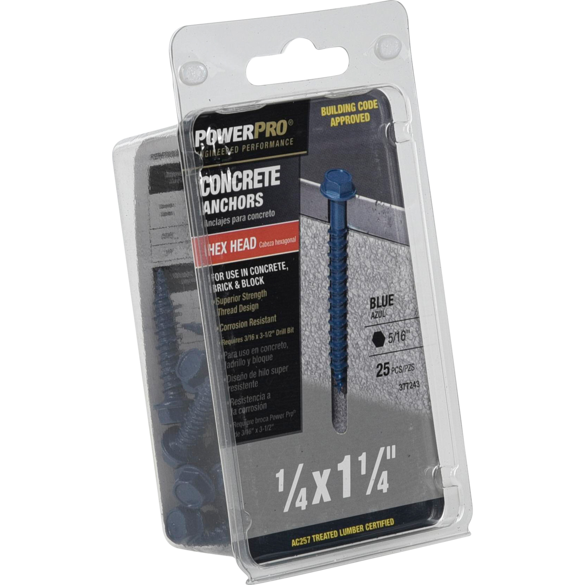 Power Pro Blue Hex Washer-Head Concrete Screw Anchor (1/4 in. x 1-1/4 in.) - 25 pc
