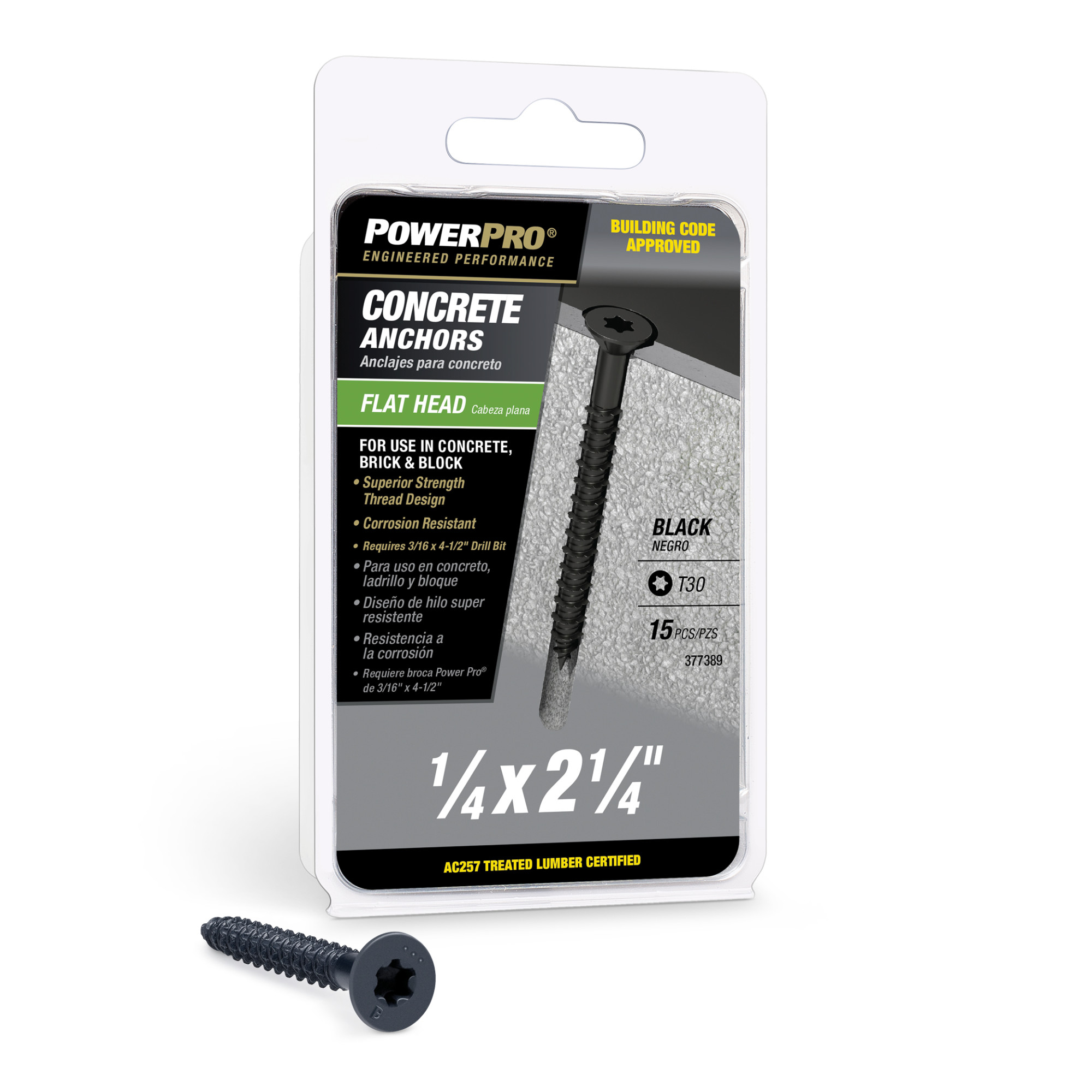Power Pro Black Flat-Head Concrete Screw Anchor (1/4 in. x 2-1/4 in.) - 15 pc