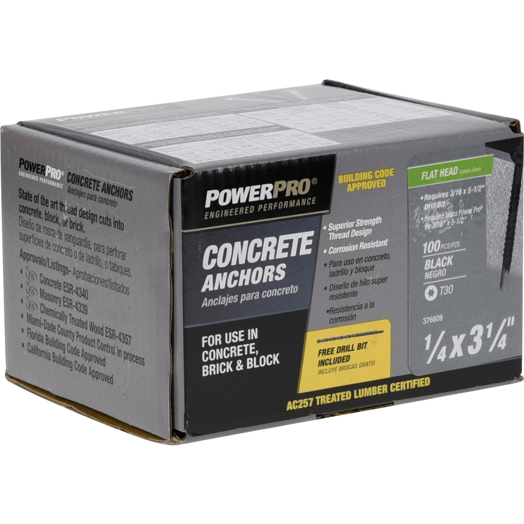 Power Pro Black Flat-Head Concrete Screw Anchor (1/4 in. x 3-1/4 in.) - 100 pc