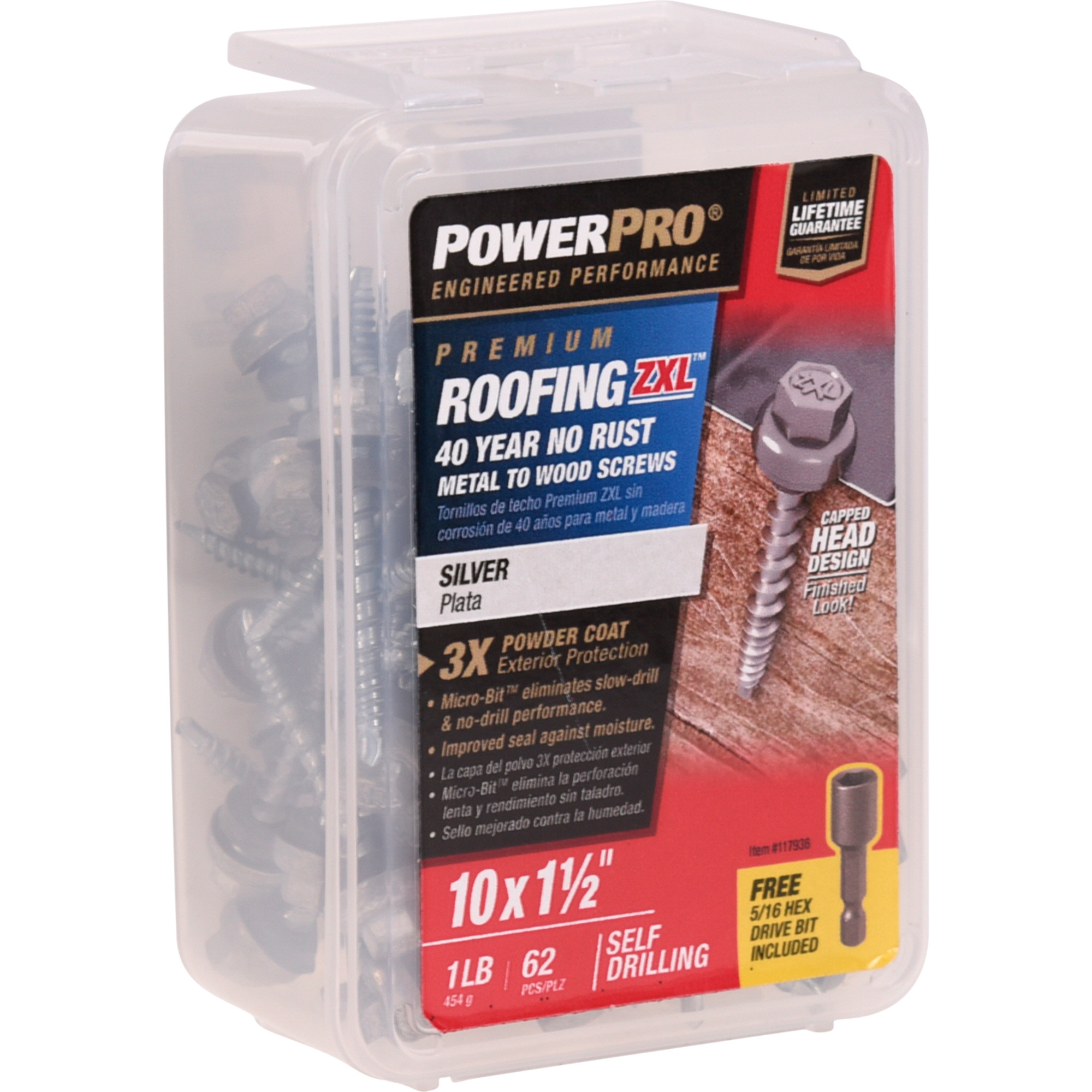 Power Pro Silver Self Drilling Metal-to-Wood Roofing Screws (#10 x 1-1/2 in.)-62 pc