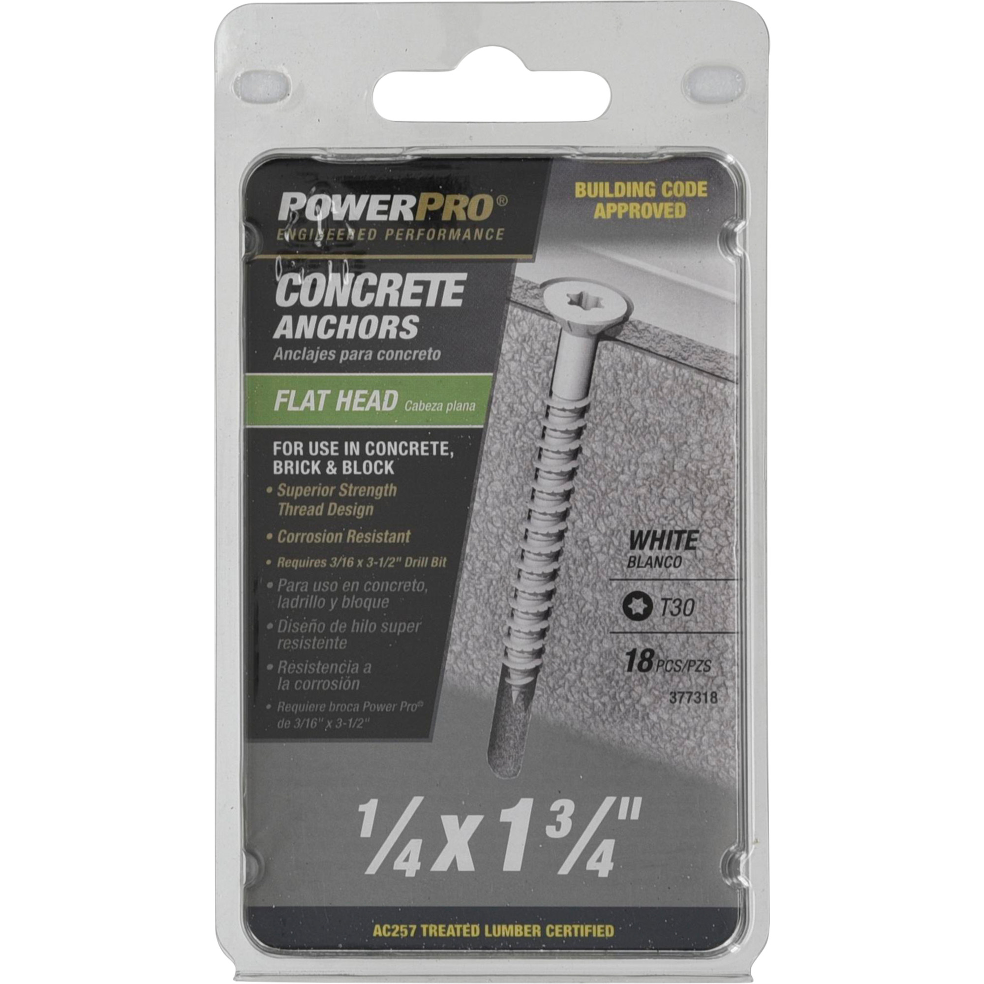 Power Pro White Flat-Head Concrete Screw Anchor (1/4 in. x 1-3/4 in.) - 18 pc