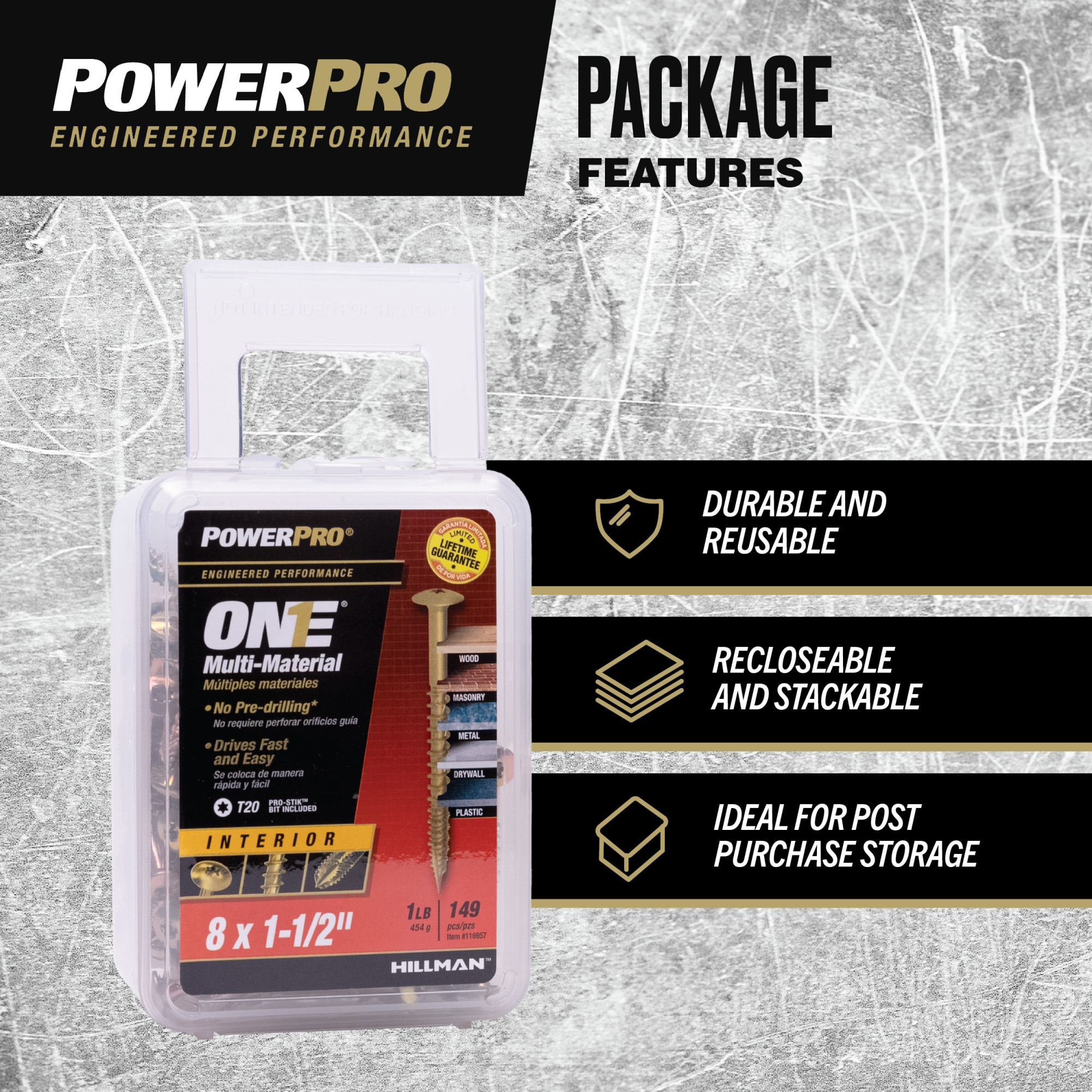 Power Pro ONE Wafer Interior Yellow Zinc Multi-Material Screws(#8x1-1/2 in.)-149 pc