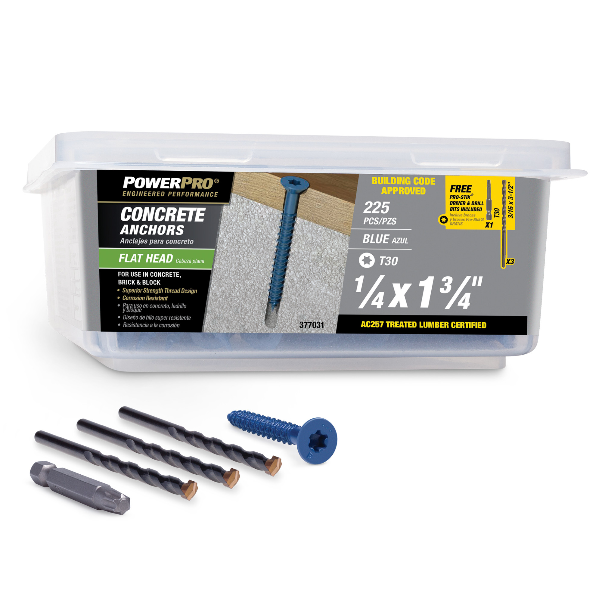Power Pro Blue Flat-Head Concrete Screw Anchor (1/4 in. x 1-3/4 in.) - 225 pc