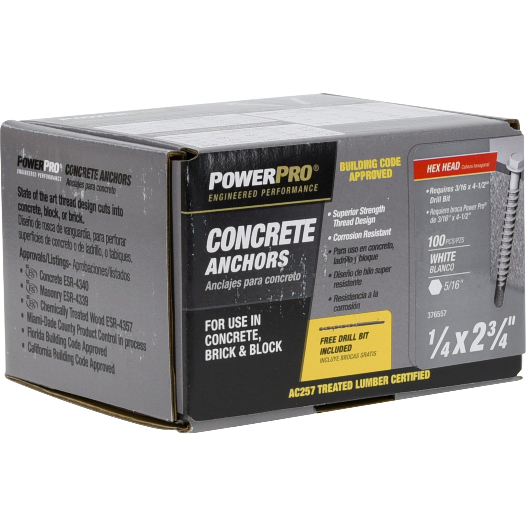 Power Pro White Hex Washer-Head Concrete Screw Anchor (1/4 in. x 2-3/4 in.) - 100 pc