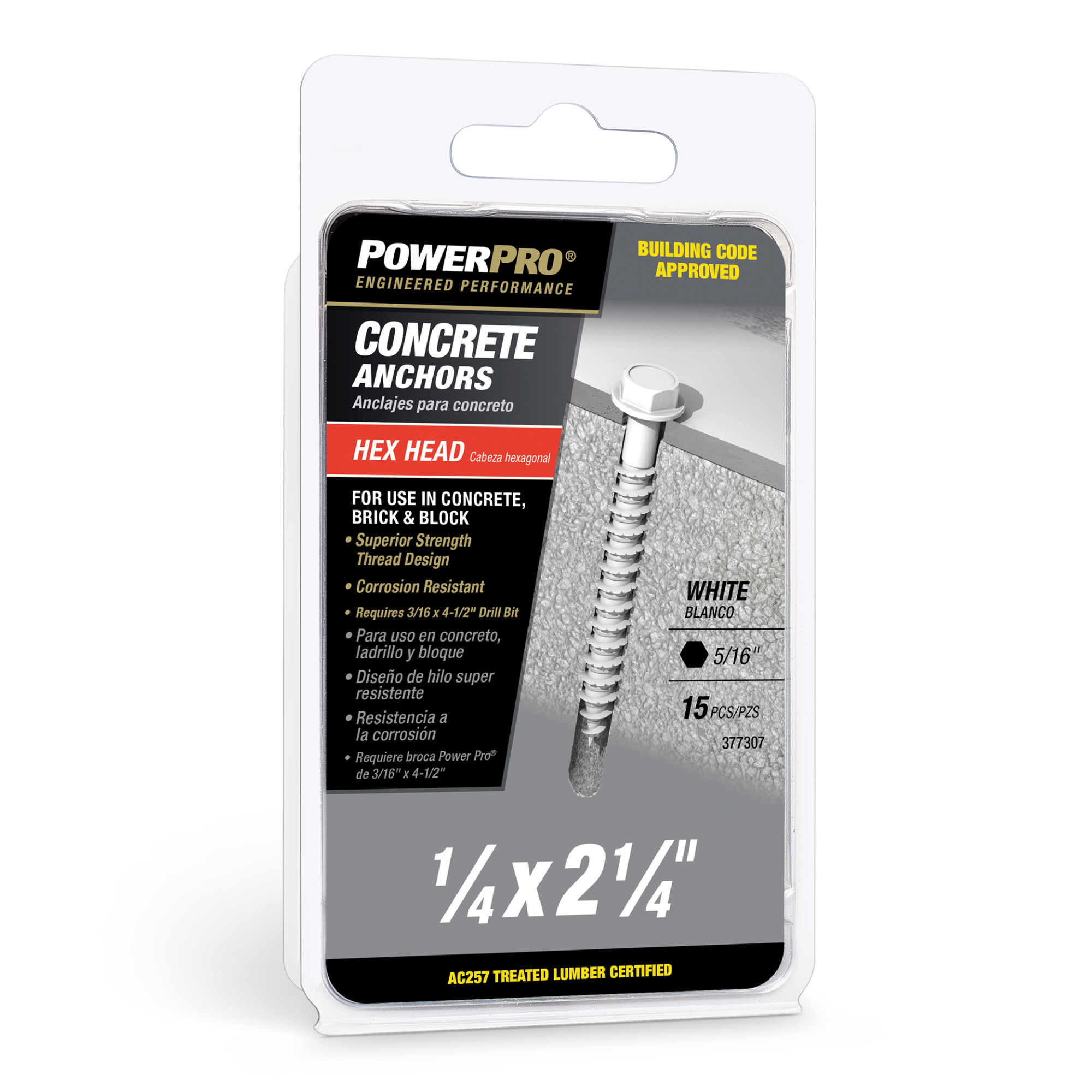 Power Pro White Hex Washer-Head Concrete Screw Anchor (1/4 in. x 2-1/4 in.) - 15 pc