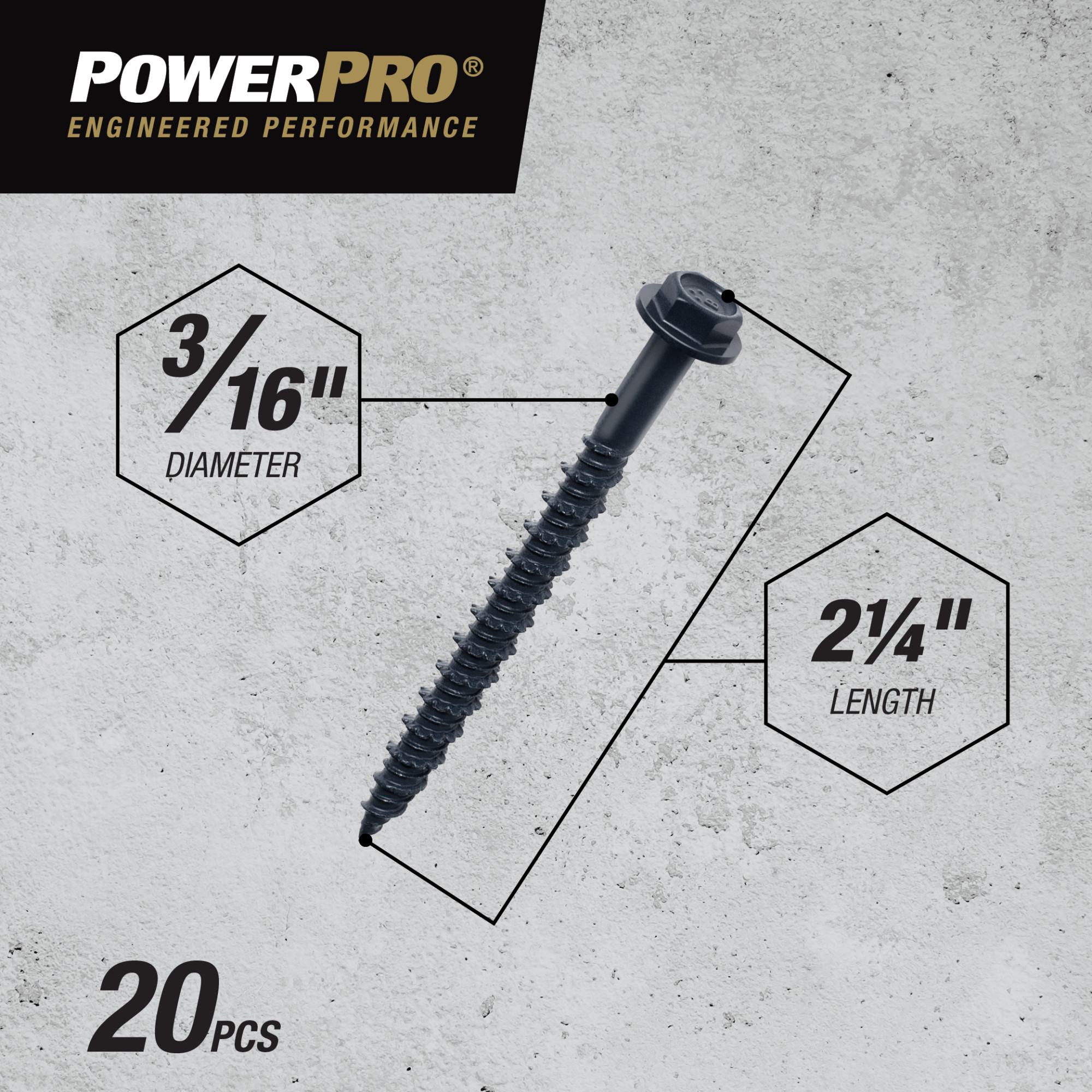 Power Pro Black Hex Washer-Head Concrete Screw Anchor (3/16 in. x 2-1/4 in.) - 20 pc