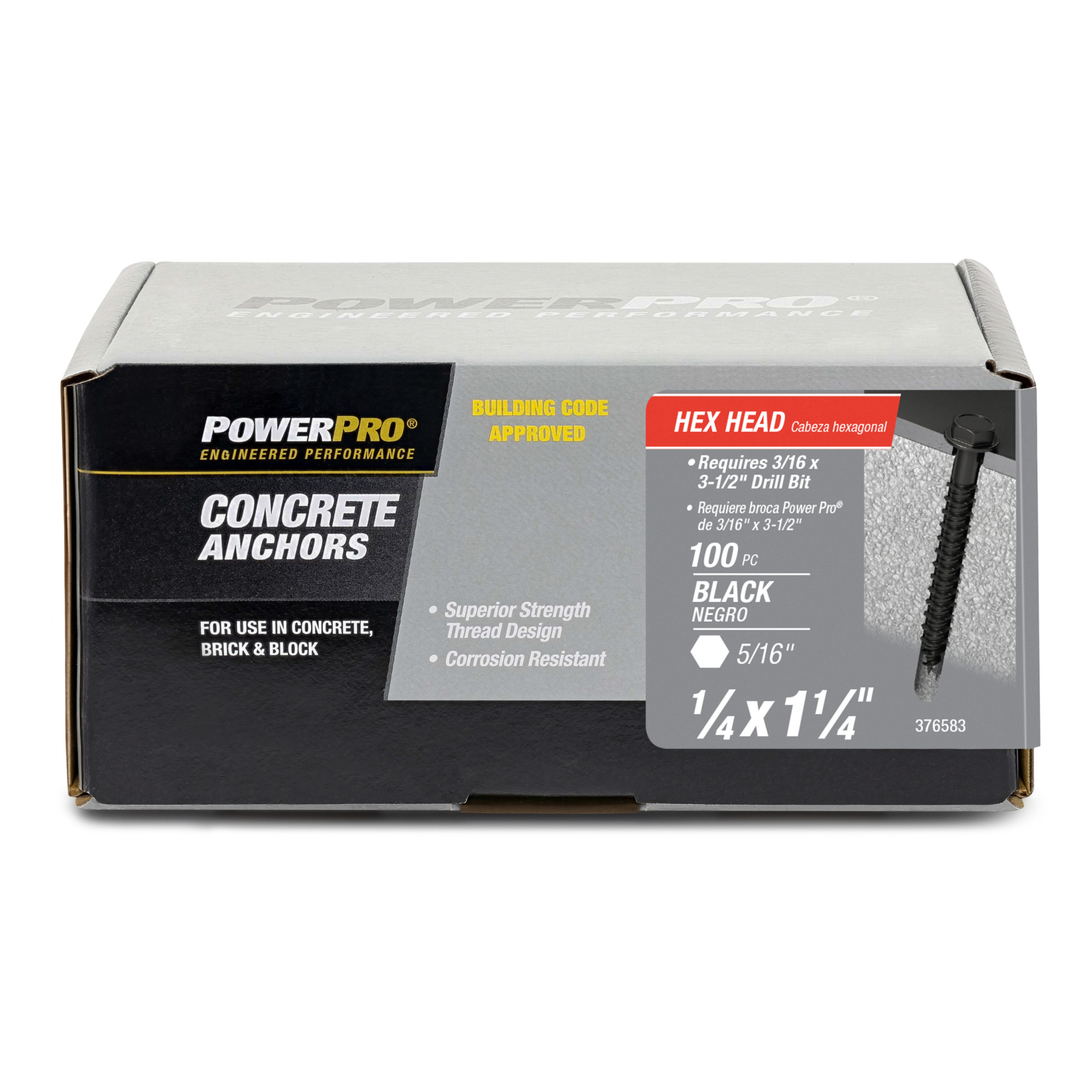 Power Pro Black Hex Washer-Head Concrete Screw Anchor (1/4 in. x 1-1/4 in.) - 100 pc