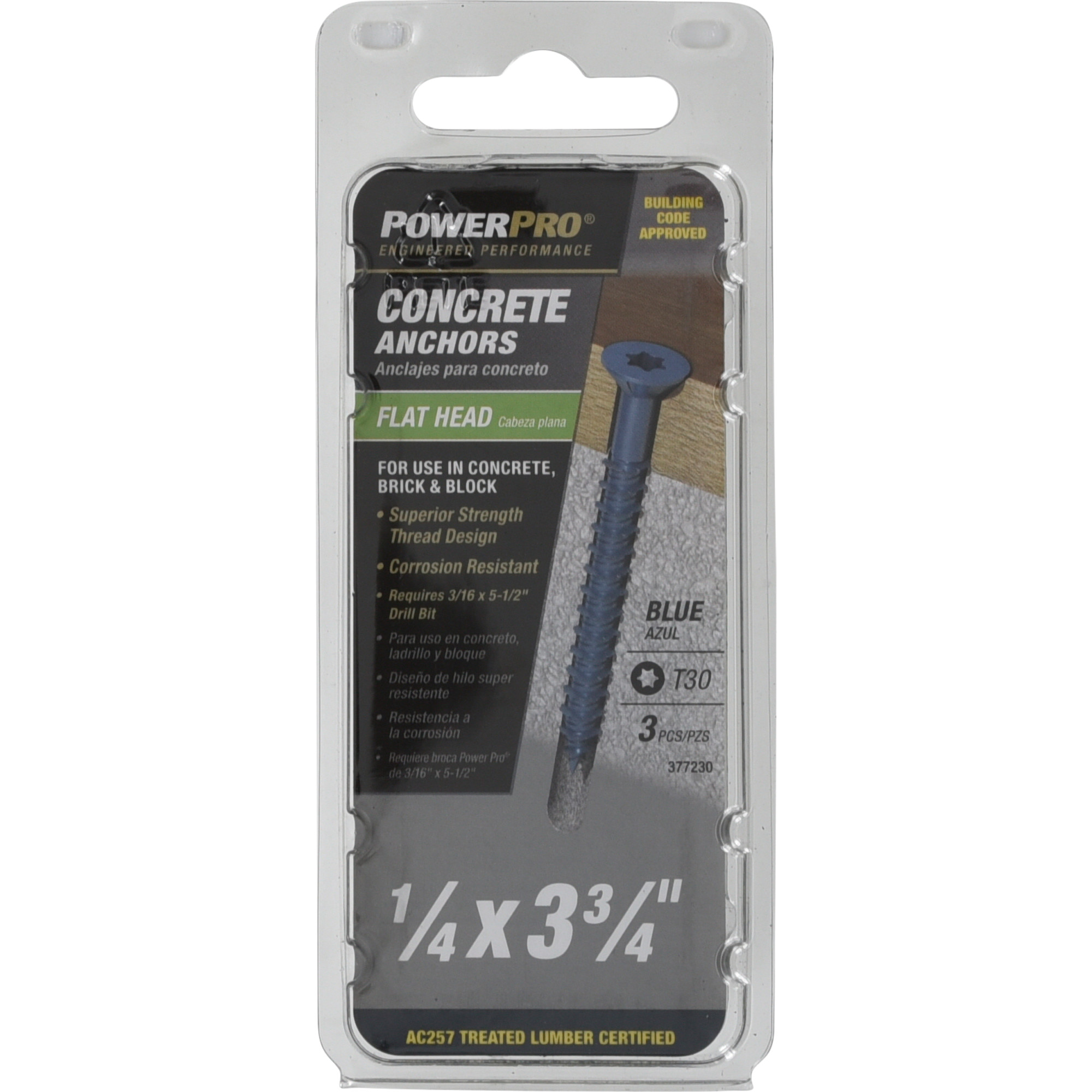Power Pro Blue Flat-Head Concrete Screw Anchor (1/4 in. x 3-3/4 in.) - 3 pc
