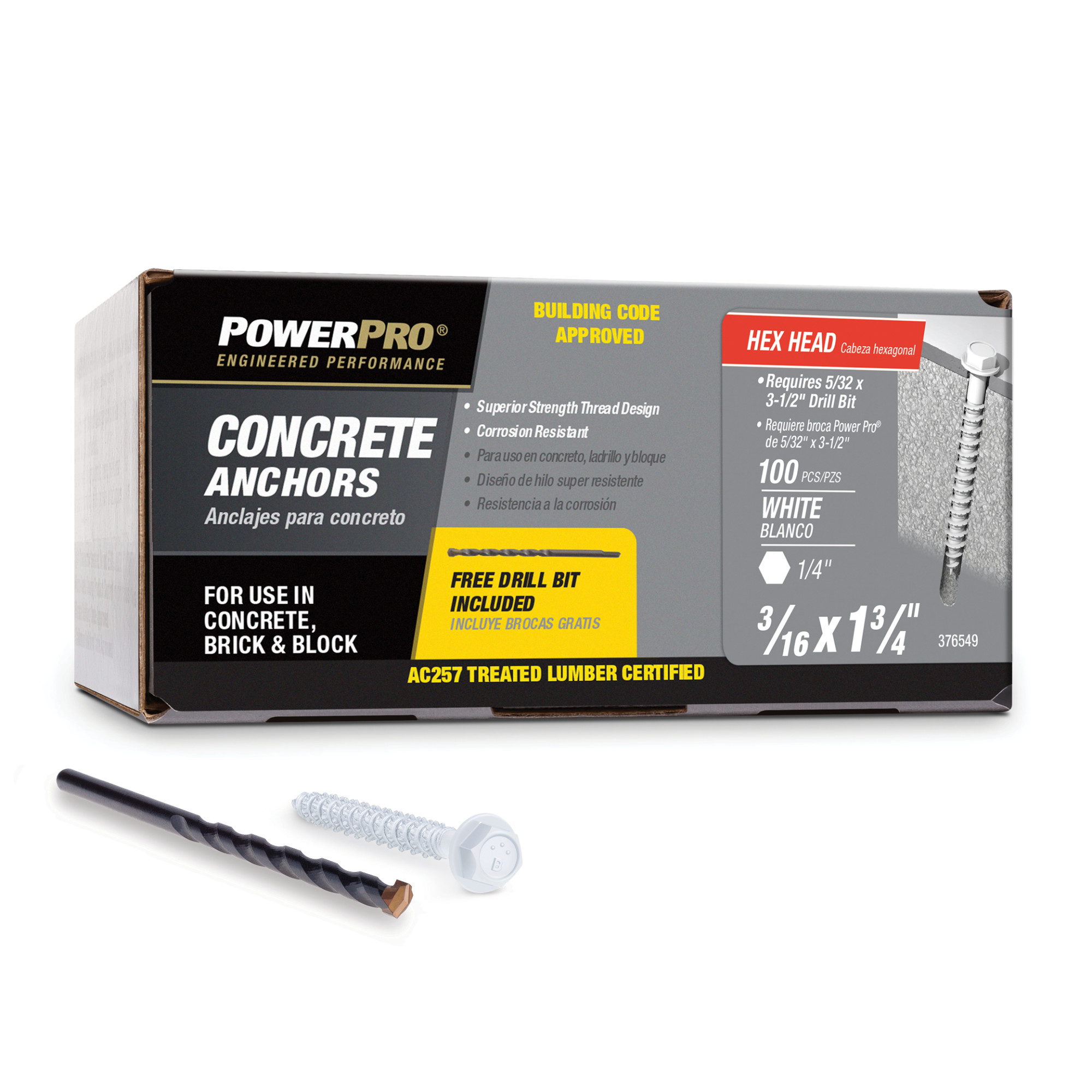 Power Pro White Hex Washer-Head Concrete Screw Anchor (3/16 in. x 1-3/4 in.) - 100 pc