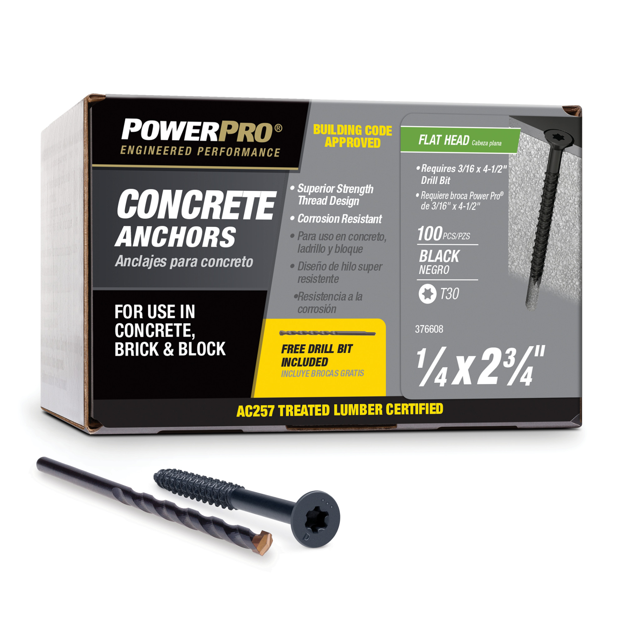 Power Pro Black Flat-Head Concrete Screw Anchor (1/4 in. x 2-3/4 in.) - 100 pc
