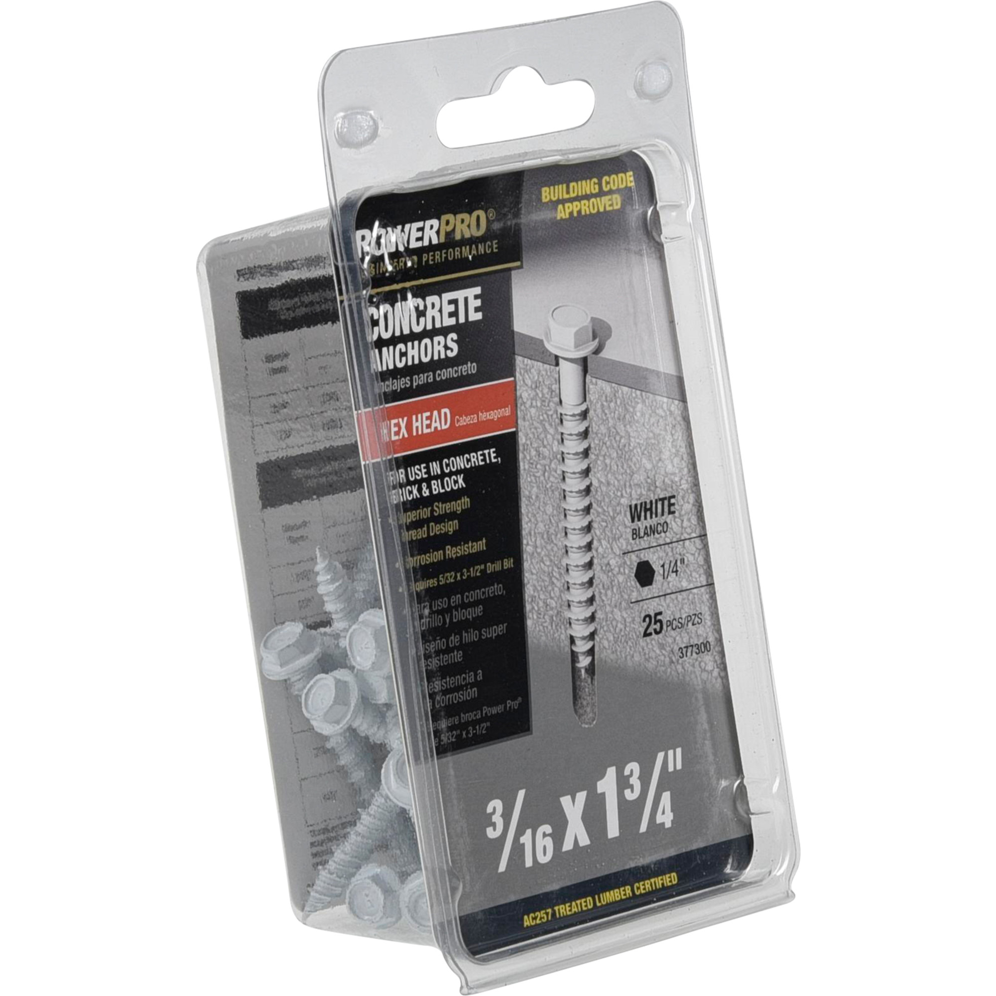 Power Pro White Hex Washer-Head Concrete Screw Anchor (3/16 in. x 1-3/4 in.) - 25 pc
