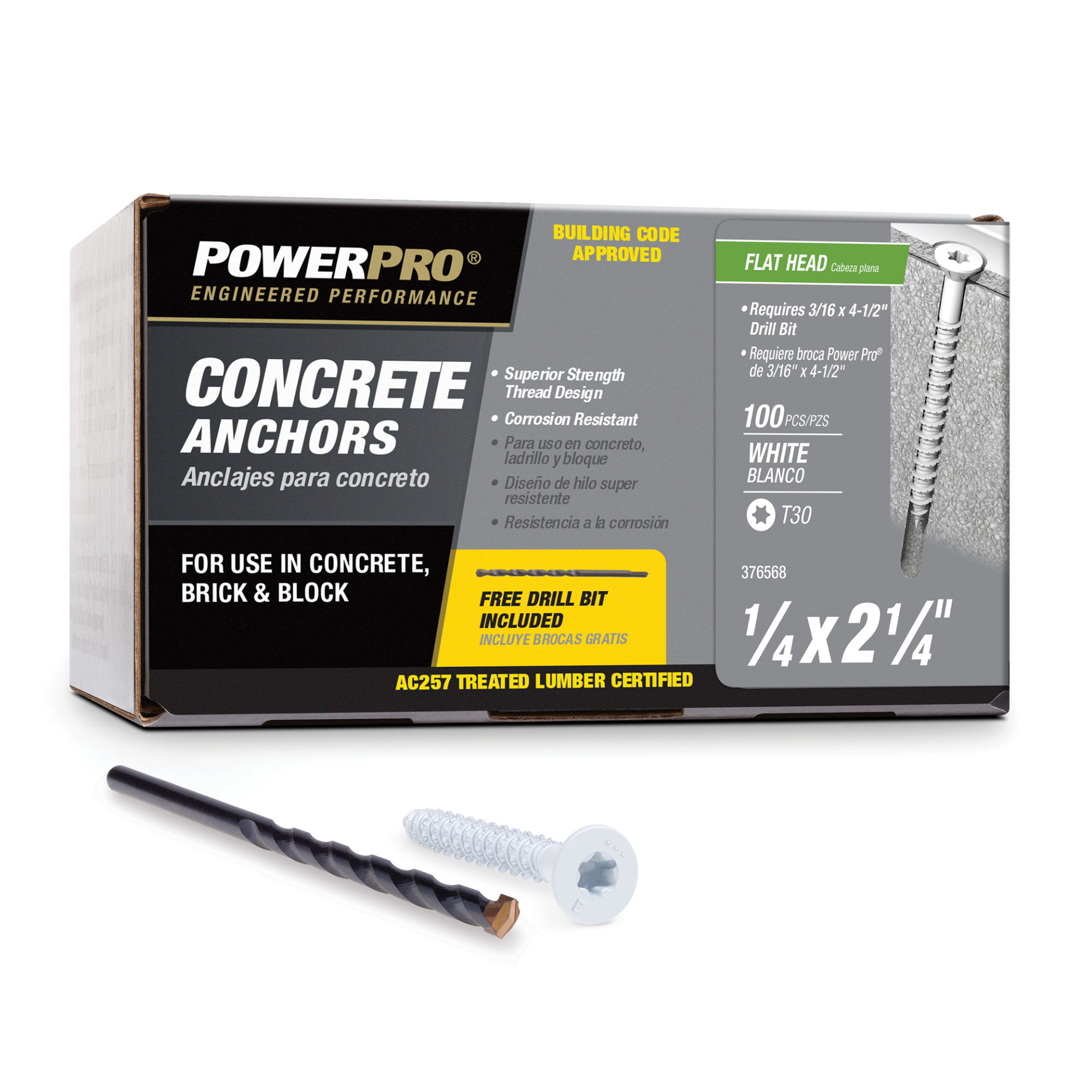 Power Pro White Flat-Head Concrete Screw Anchor (1/4 in. x 2-1/4 in.) - 100 pc