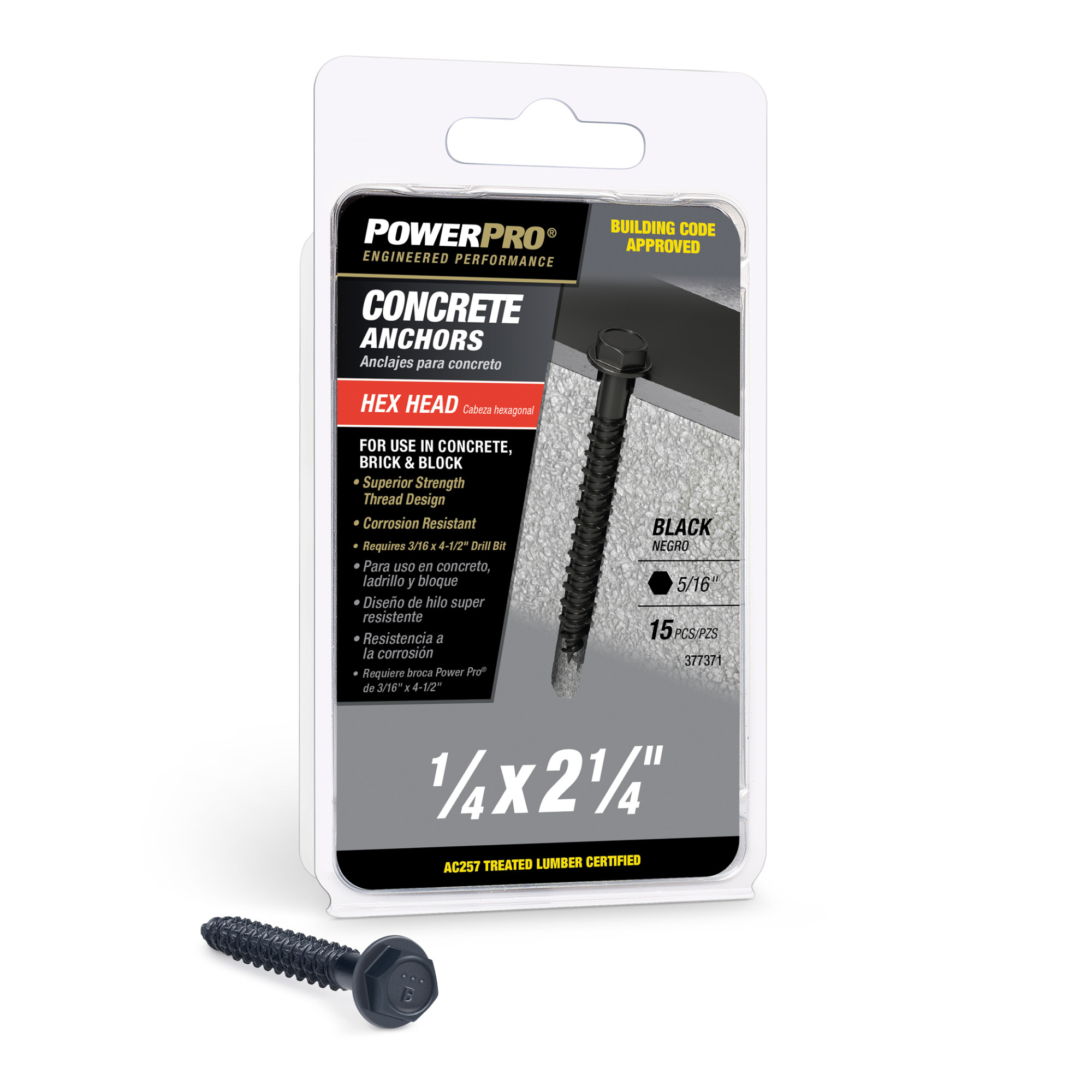 Power Pro Black Hex Washer-Head Concrete Screw Anchor (1/4 in. x 2-1/4 in.) - 15 pc