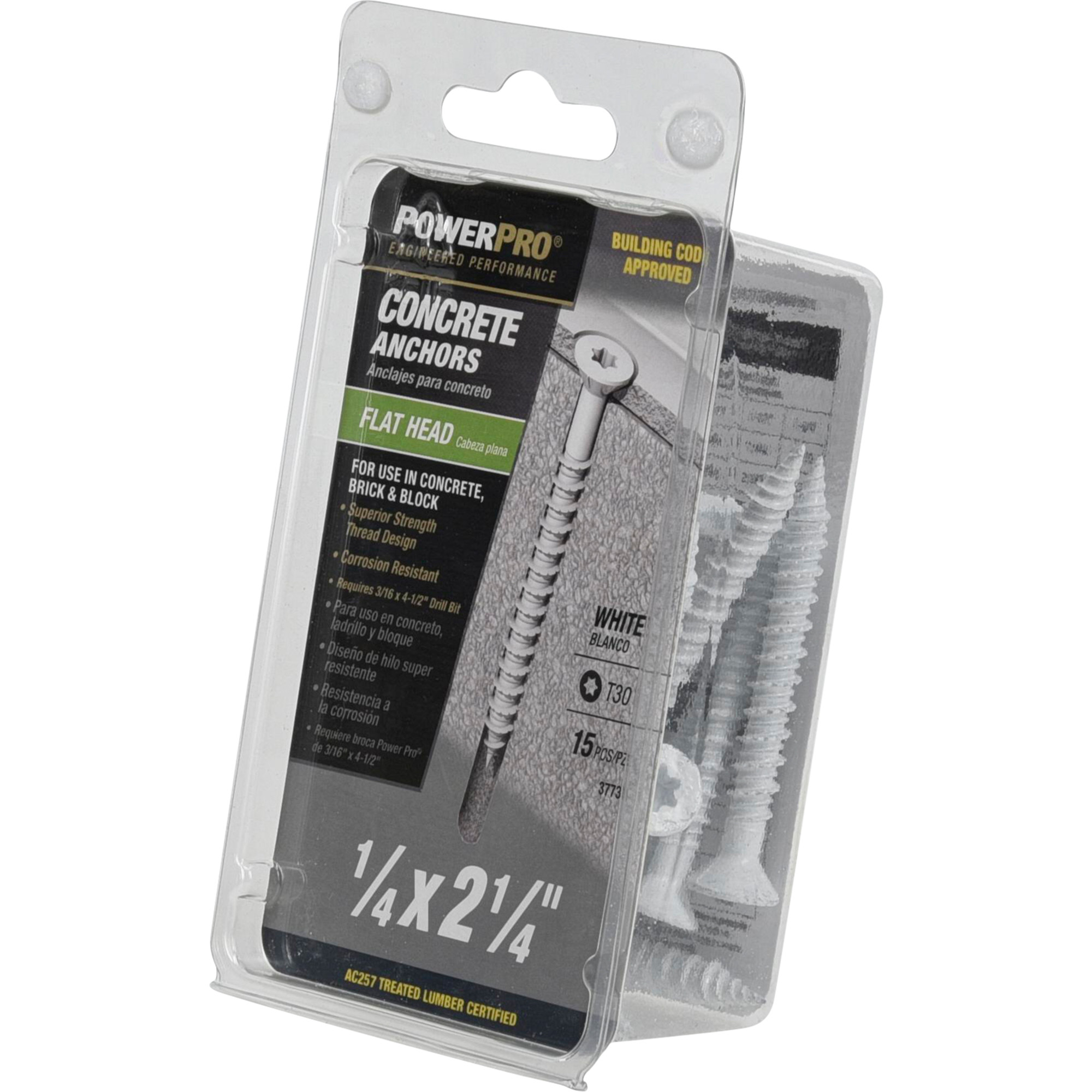 Power Pro White Flat-Head Concrete Screw Anchor (1/4 in. x 2-1/4 in.) - 15 pc