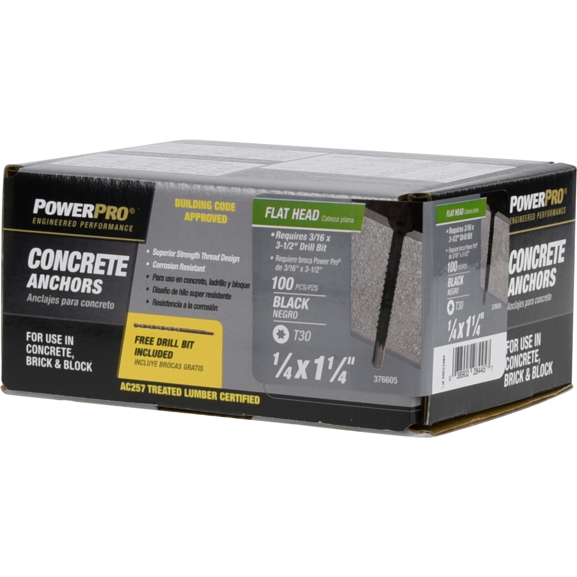 Power Pro Black Flat-Head Concrete Screw Anchor (1/4 in. x 1-1/4 in.) - 100 pc