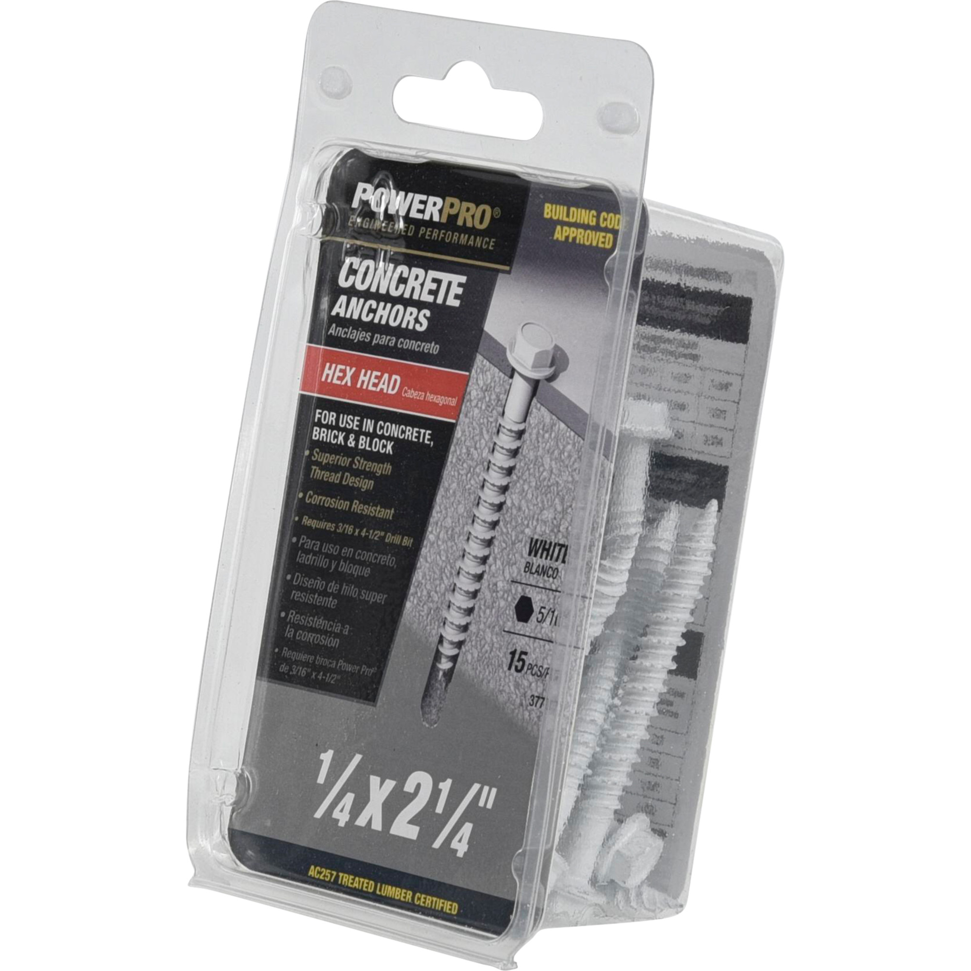 Power Pro White Hex Washer-Head Concrete Screw Anchor (1/4 in. x 2-1/4 in.) - 15 pc