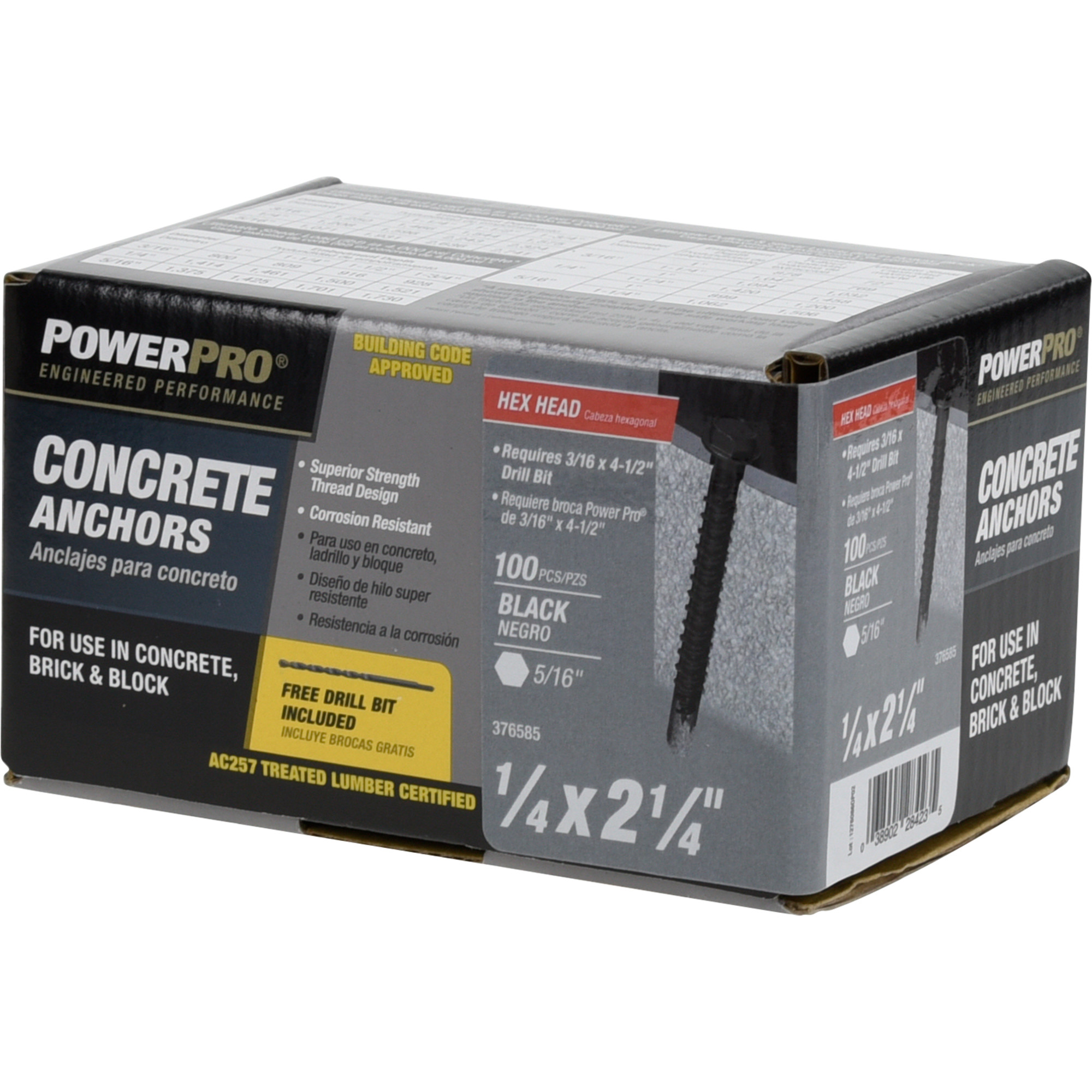 Power Pro Black Hex Washer-Head Concrete Screw Anchor (1/4 in. x 2-1/4 in.) - 100 pc